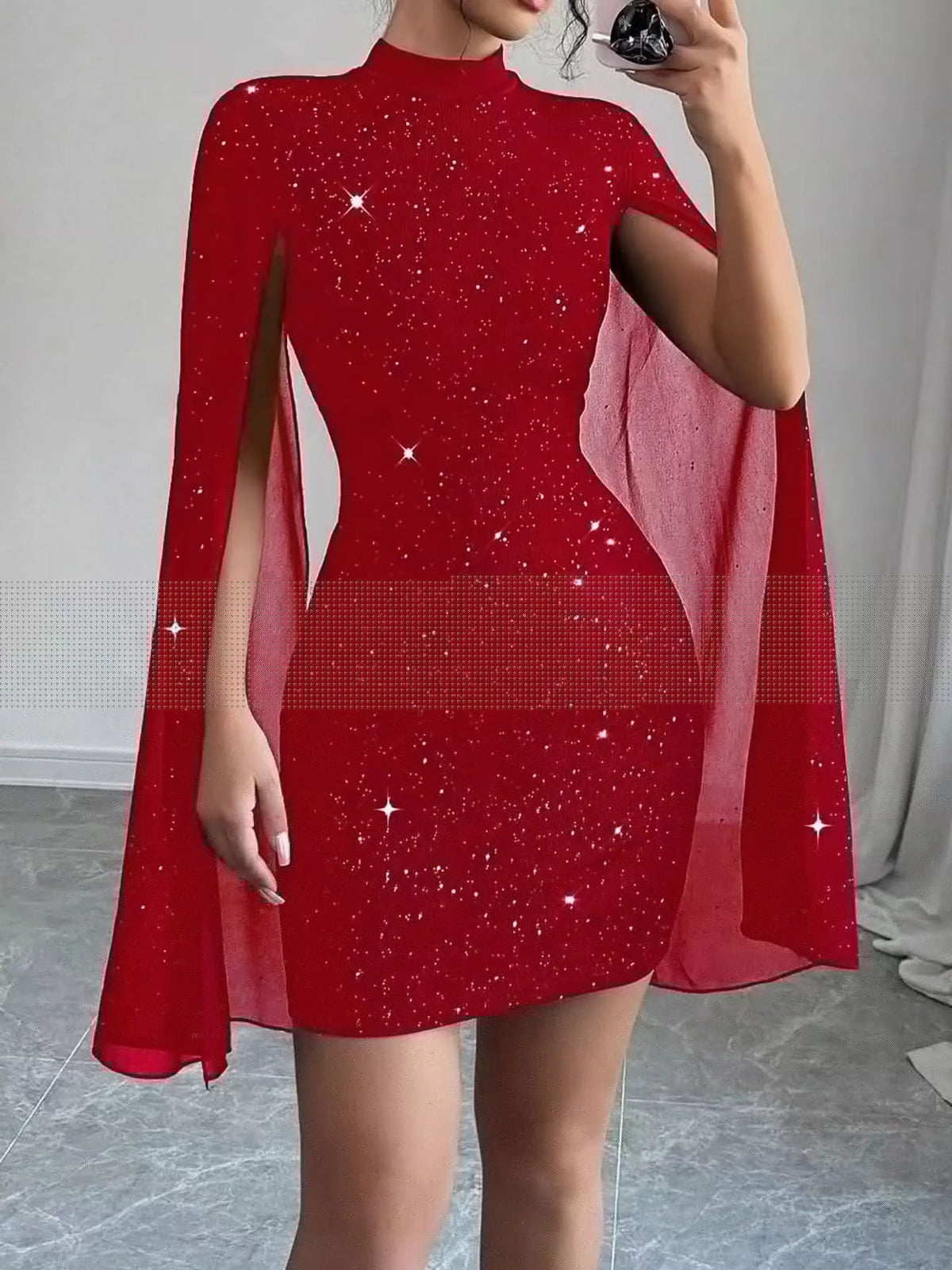 Glitter Mock Neck Cape-Sleeve Bodycon Mini Dress - Flip Flop Dynasty