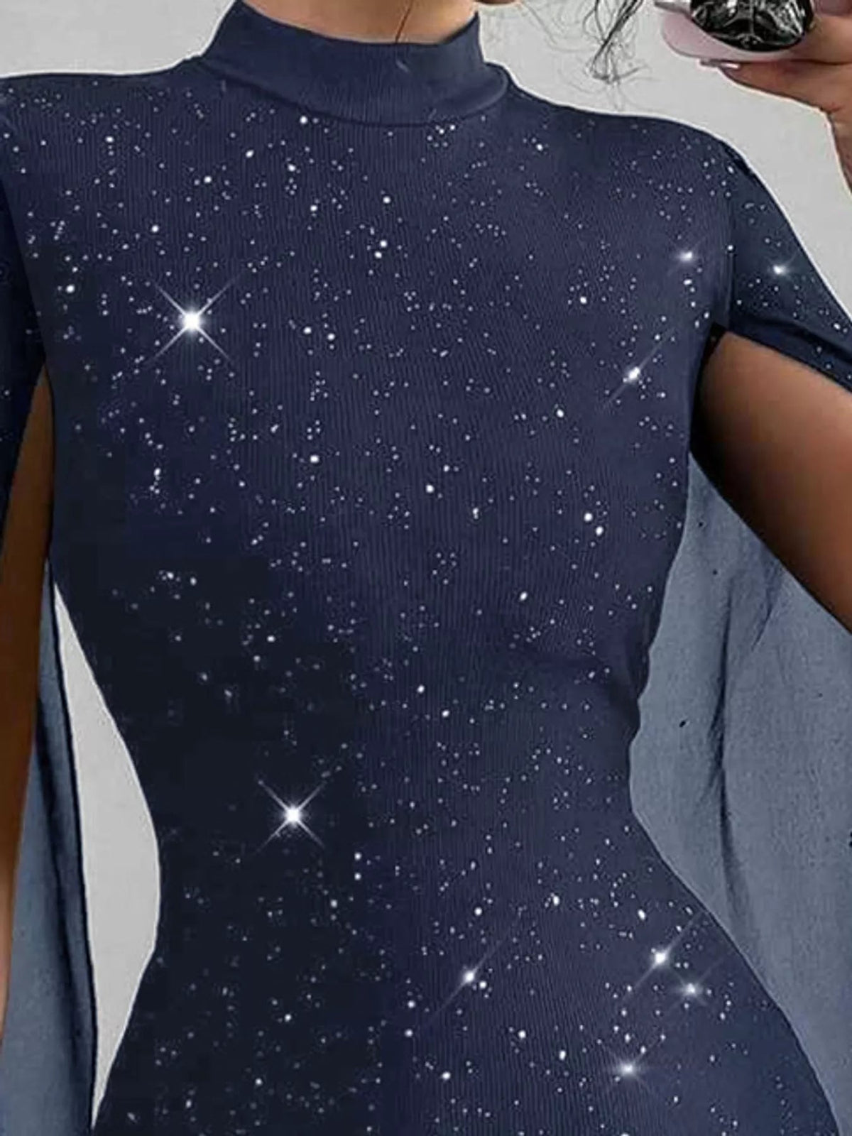Glitter Mock Neck Cape-Sleeve Bodycon Mini Dress - Flip Flop Dynasty