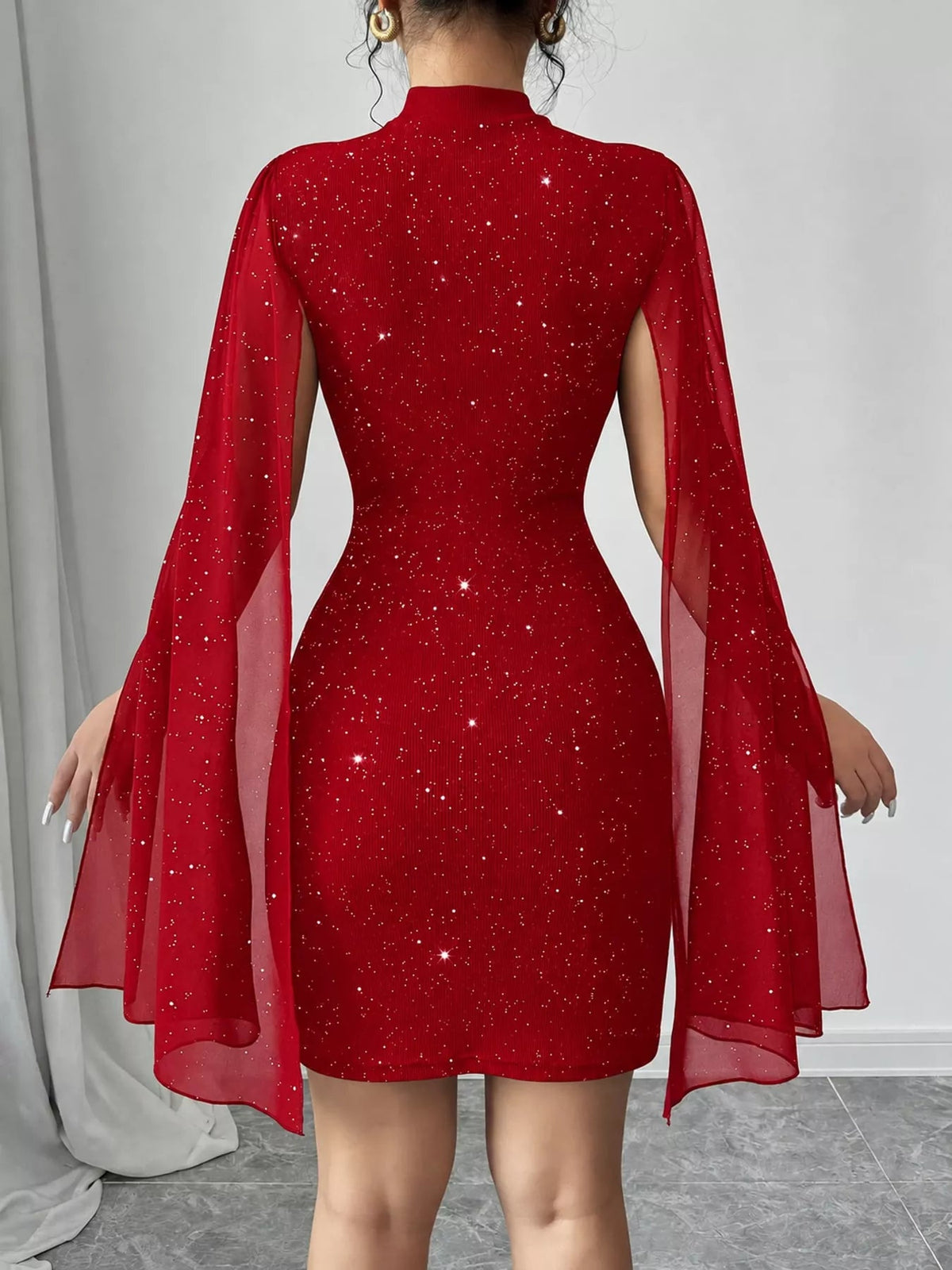 Glitter Mock Neck Cape-Sleeve Bodycon Mini Dress - Flip Flop Dynasty