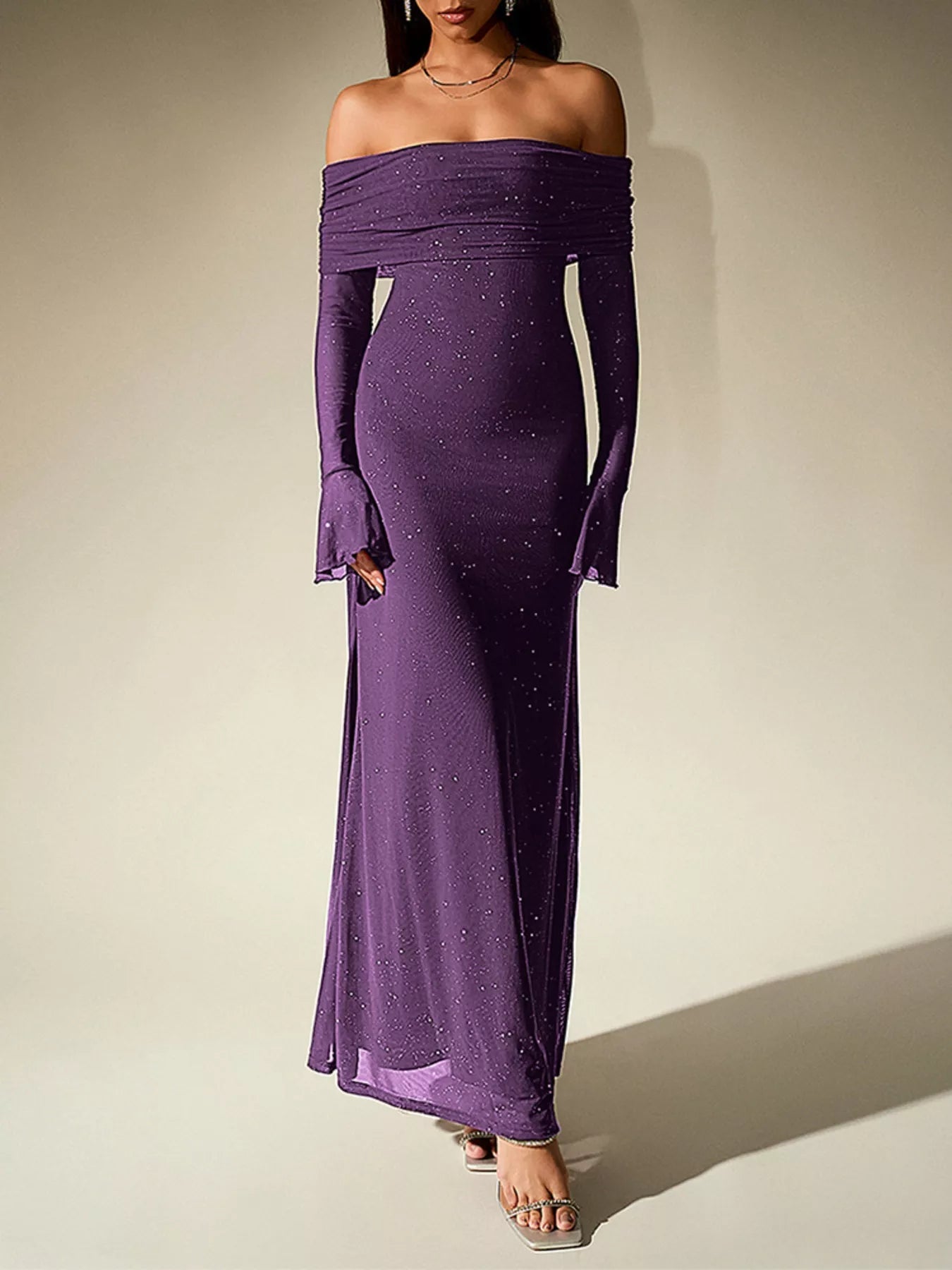 Glitter Off-Shoulder Maxi Dress - Flip Flop Dynasty