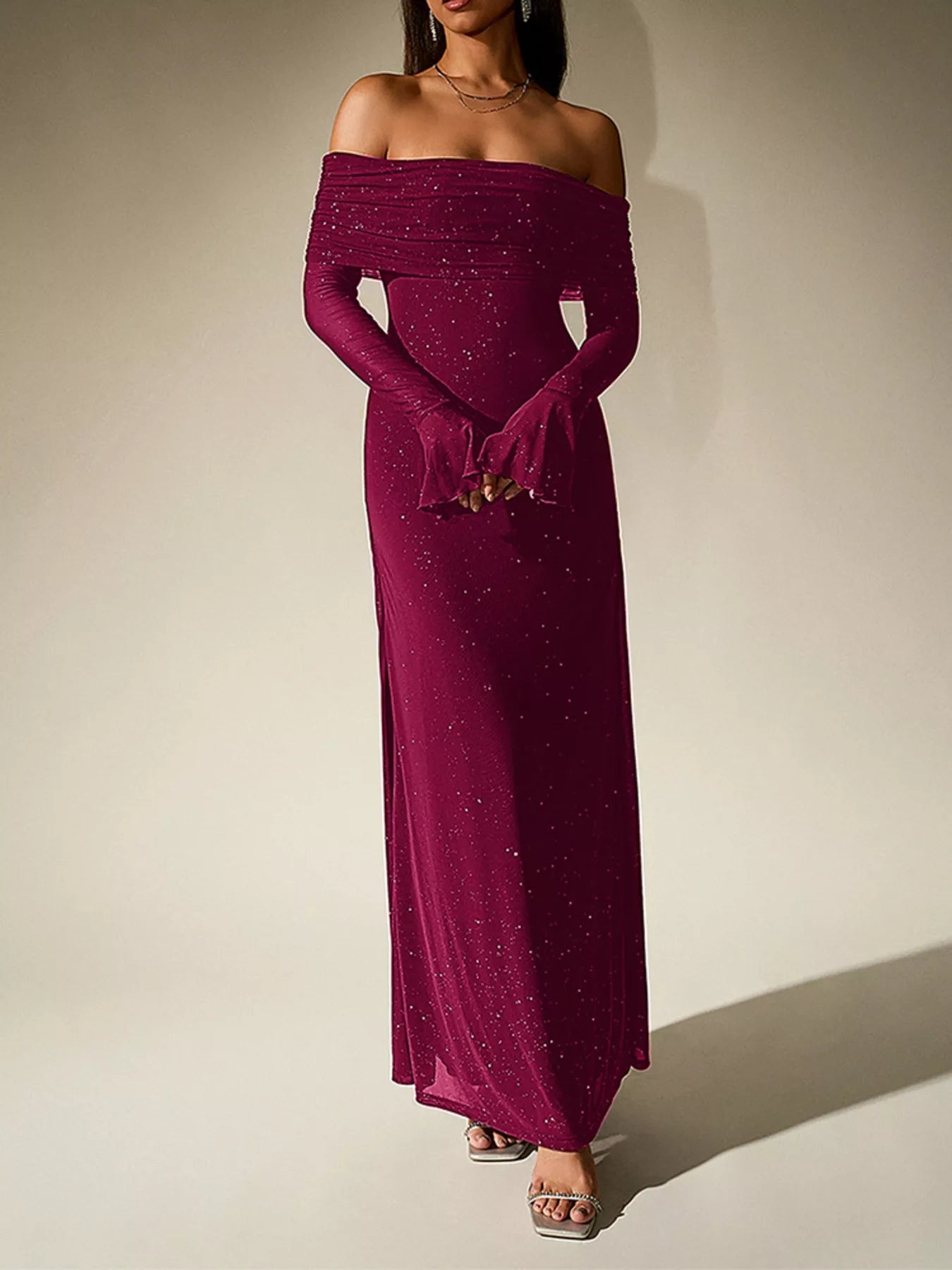 Glitter Off-Shoulder Maxi Dress - Flip Flop Dynasty