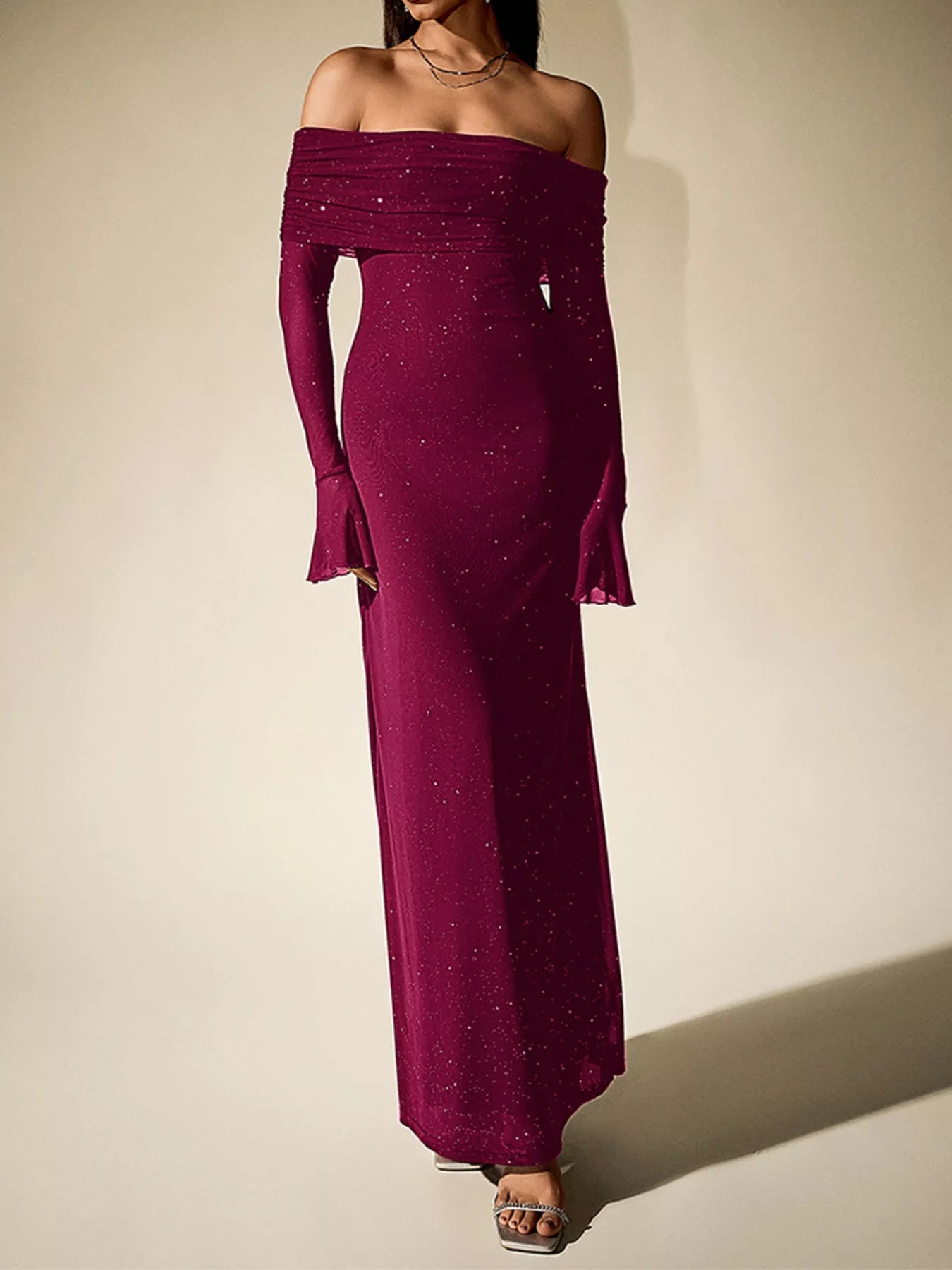 Glitter Off-Shoulder Maxi Dress - Flip Flop Dynasty