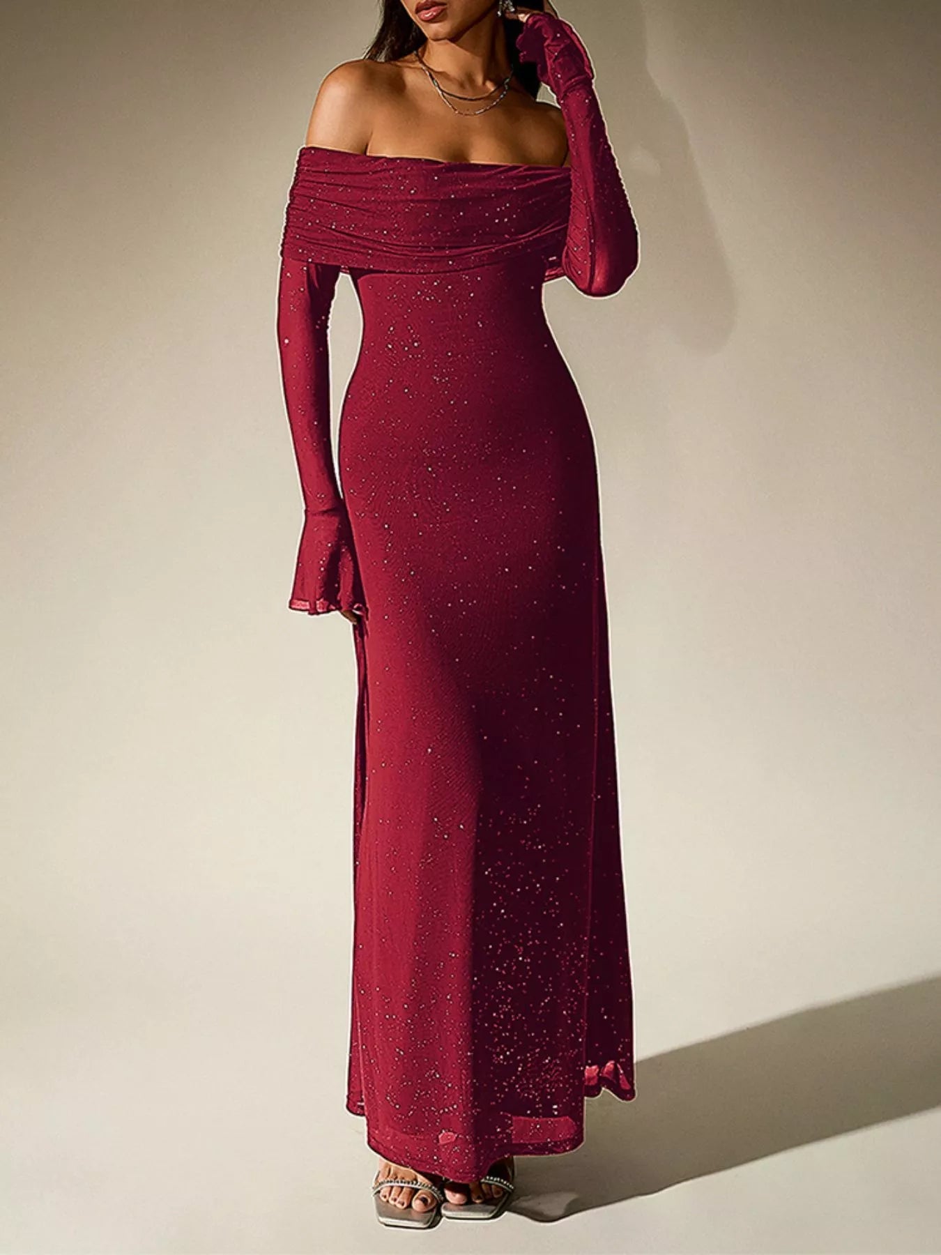 Glitter Off-Shoulder Maxi Dress - Flip Flop Dynasty
