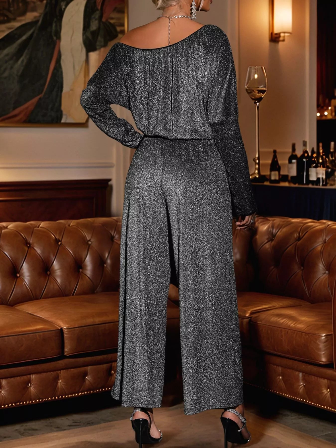 Glitter One Shoulder Long Sleeve Wide Leg Jumpsuit - Flip Flop Dynasty