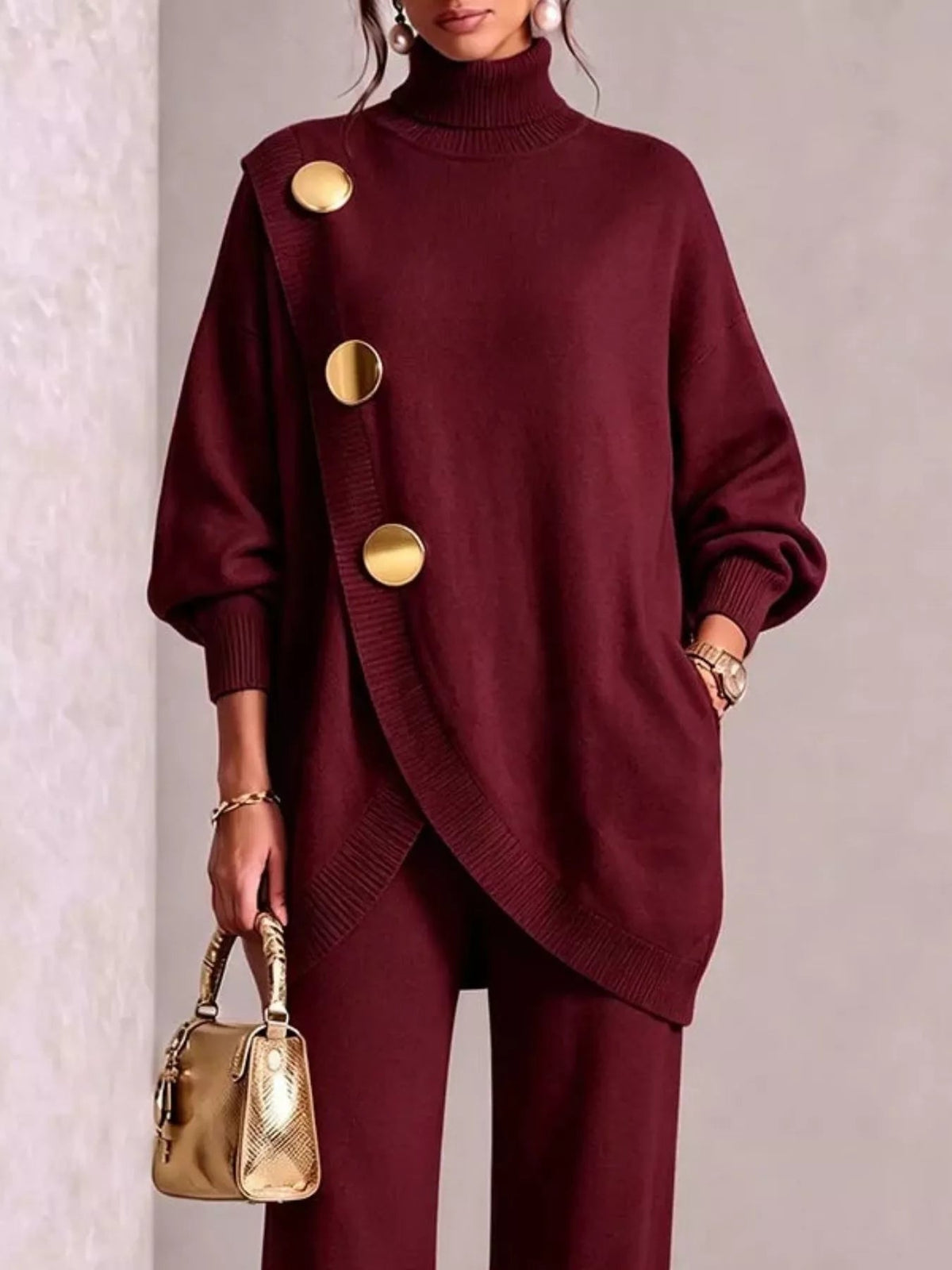 Gold Button Accent Turtleneck Sweater and Pants Set - Flip Flop Dynasty