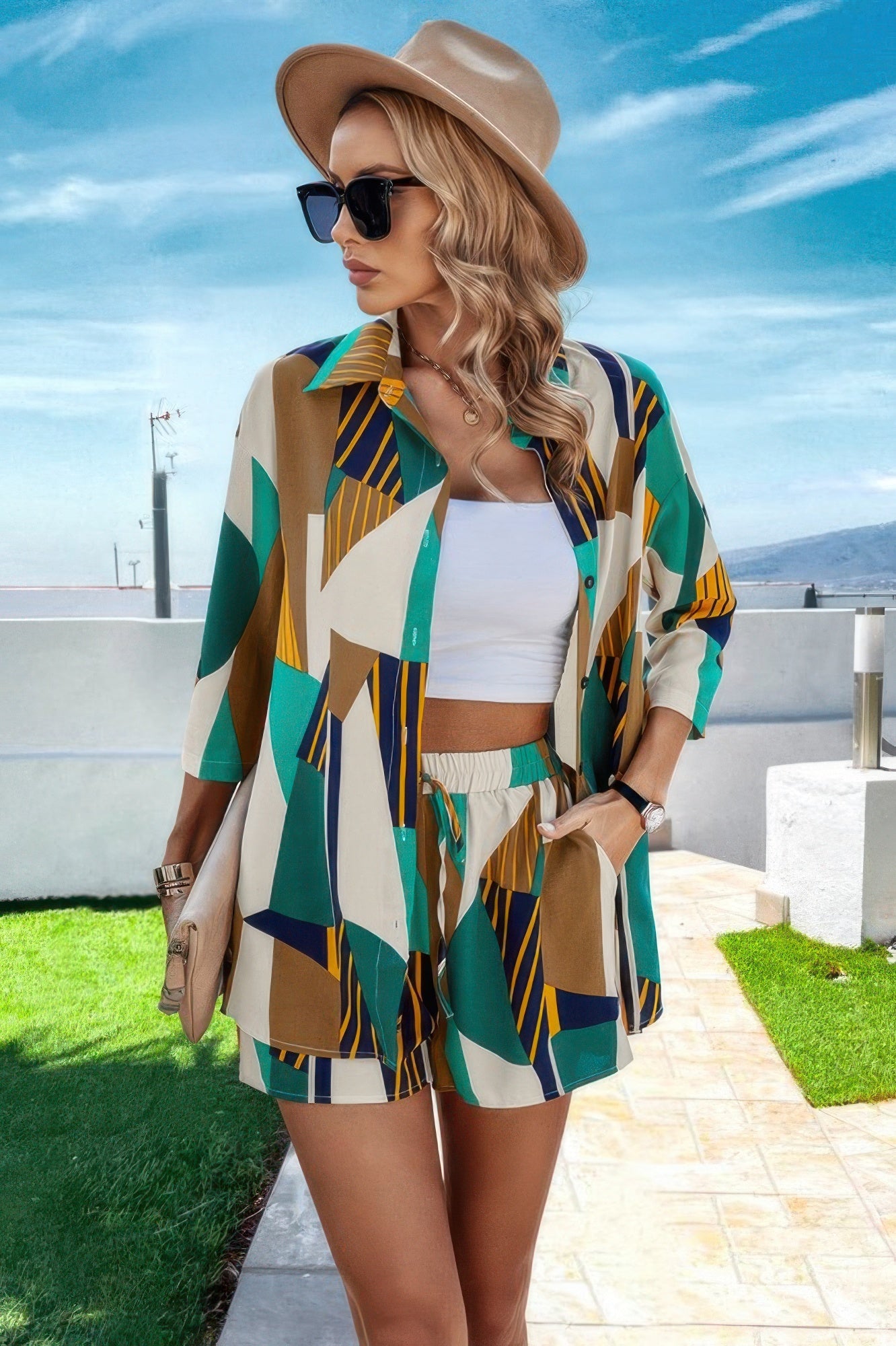 Graphic Print Open Front Pockets Blouse And Short - Flip Flop Dynasty