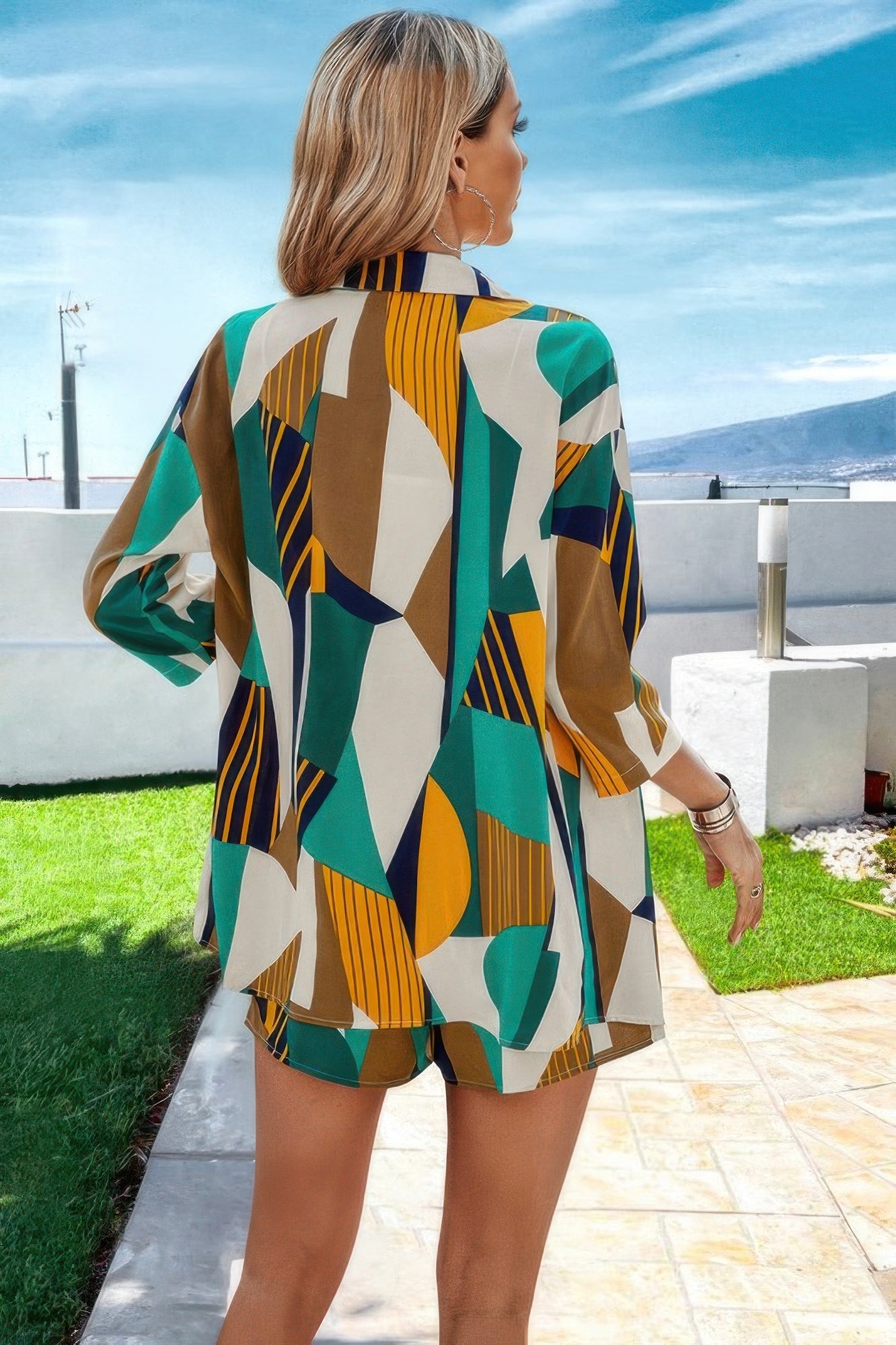 Graphic Print Open Front Pockets Blouse And Short - Flip Flop Dynasty
