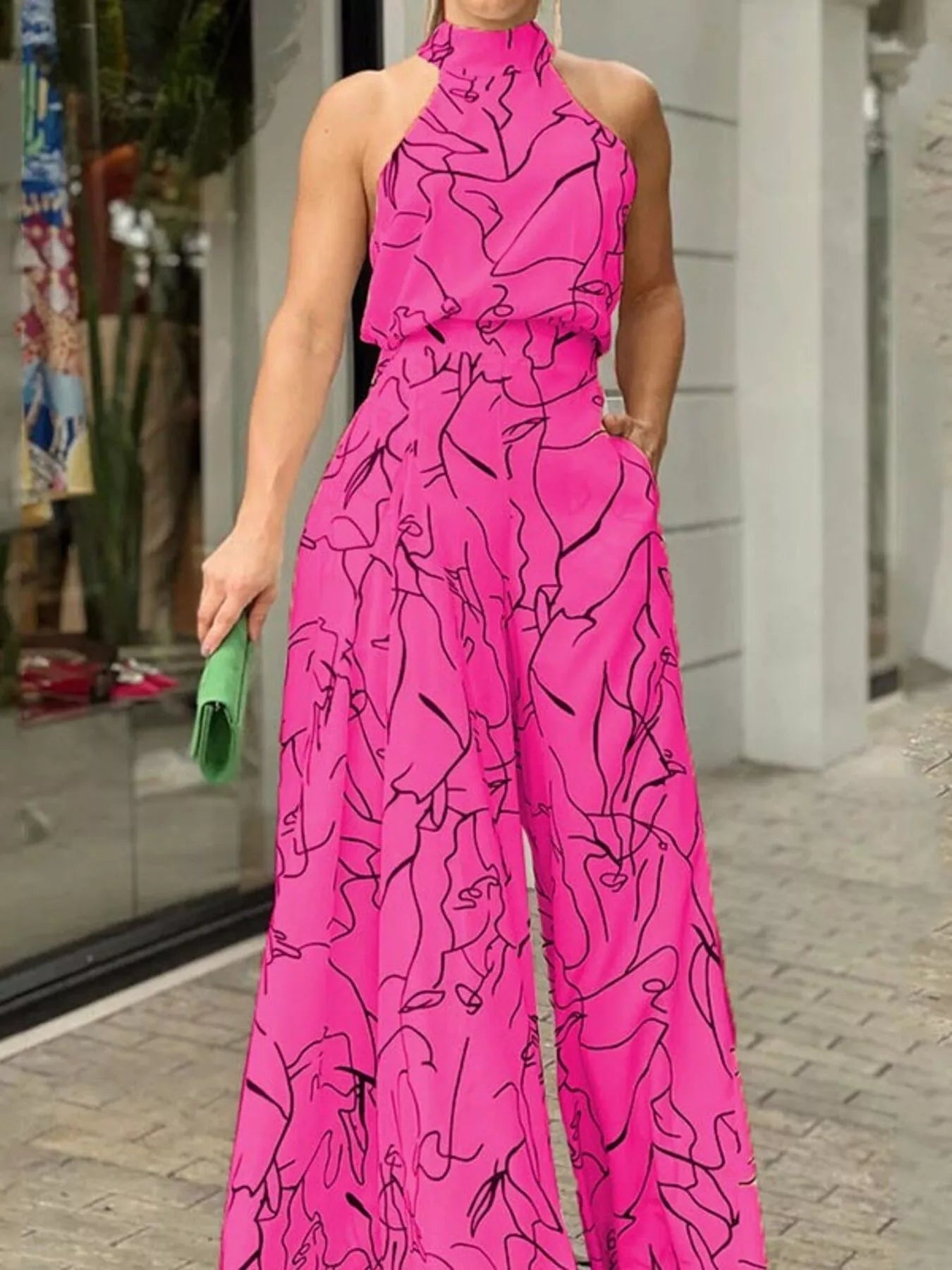 Halter Neck Abstract Print Wide Leg Jumpsuit - Flip Flop Dynasty
