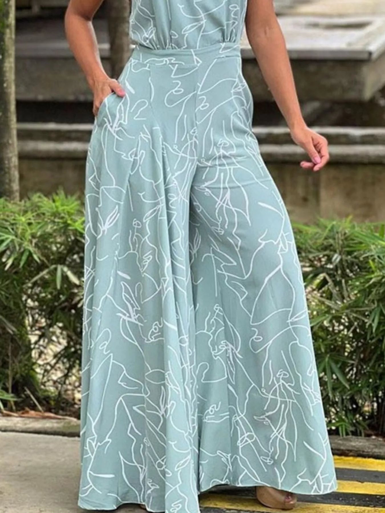 Halter Neck Abstract Print Wide Leg Jumpsuit - Flip Flop Dynasty