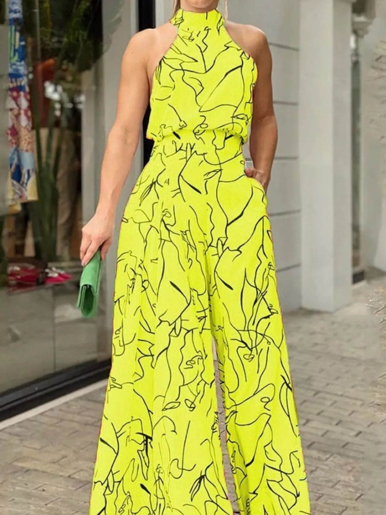 Halter Neck Abstract Print Wide Leg Jumpsuit - Flip Flop Dynasty