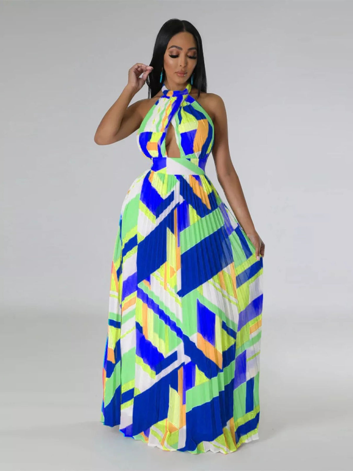 Halter Neck Geometric Print Pleated Maxi Dress - Flip Flop Dynasty