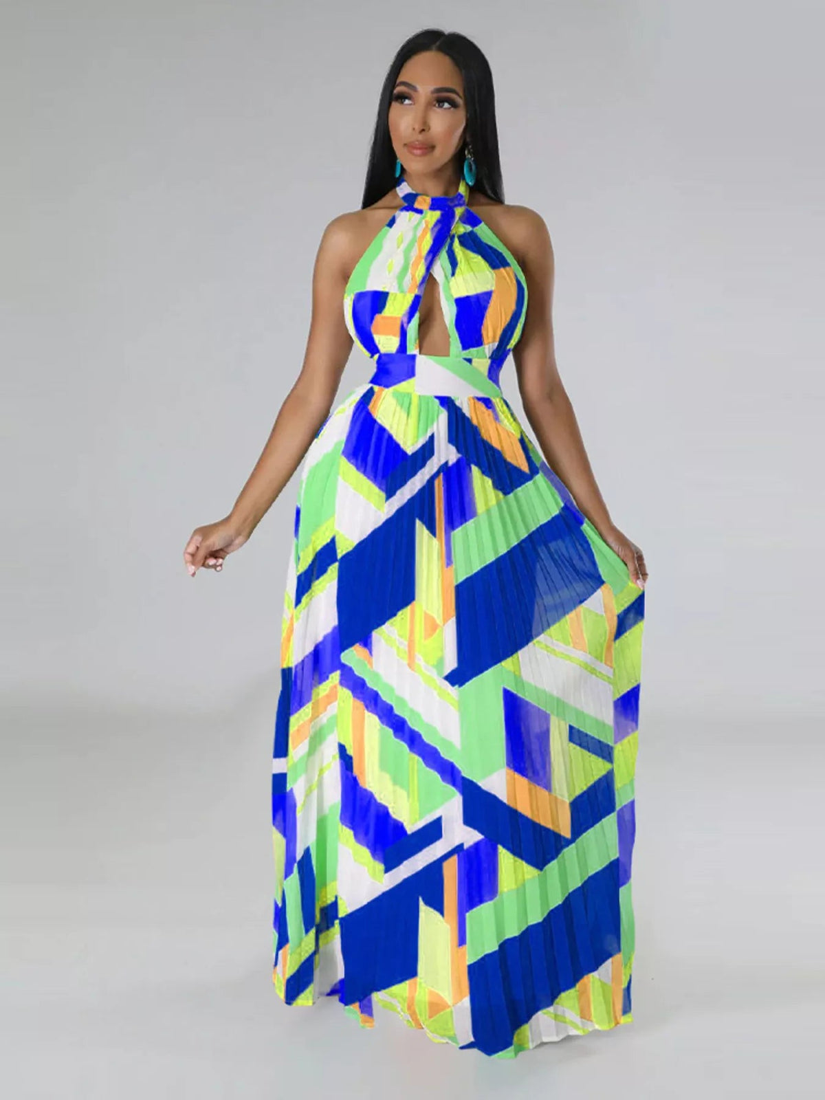 Halter Neck Geometric Print Pleated Maxi Dress - Flip Flop Dynasty