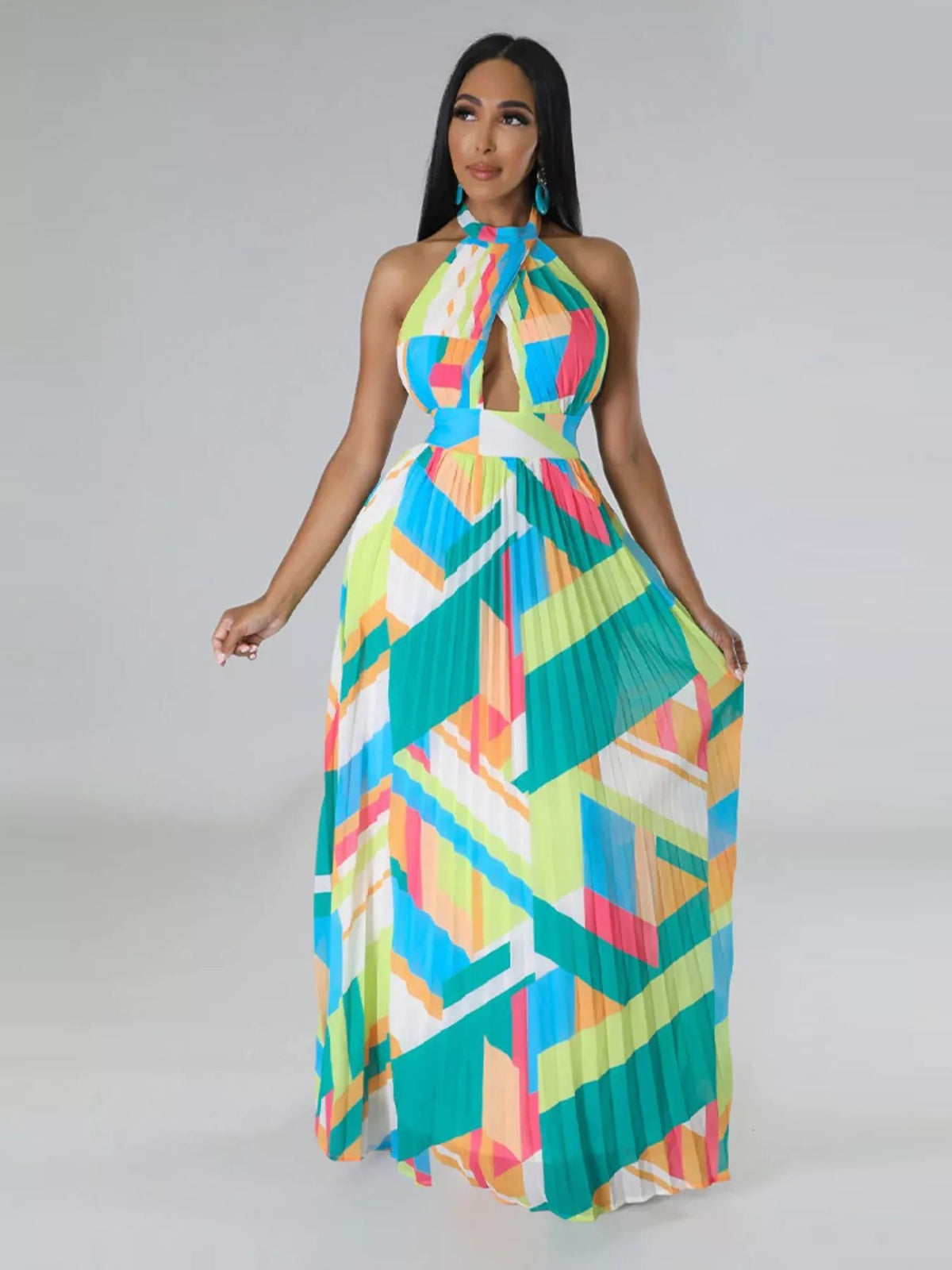 Halter Neck Geometric Print Pleated Maxi Dress - Flip Flop Dynasty