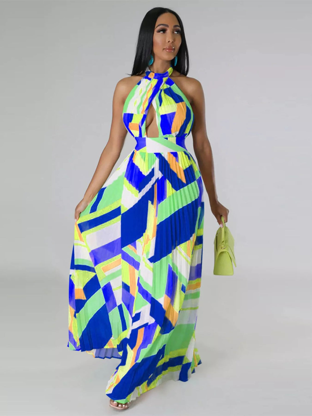 Halter Neck Geometric Print Pleated Maxi Dress - Flip Flop Dynasty