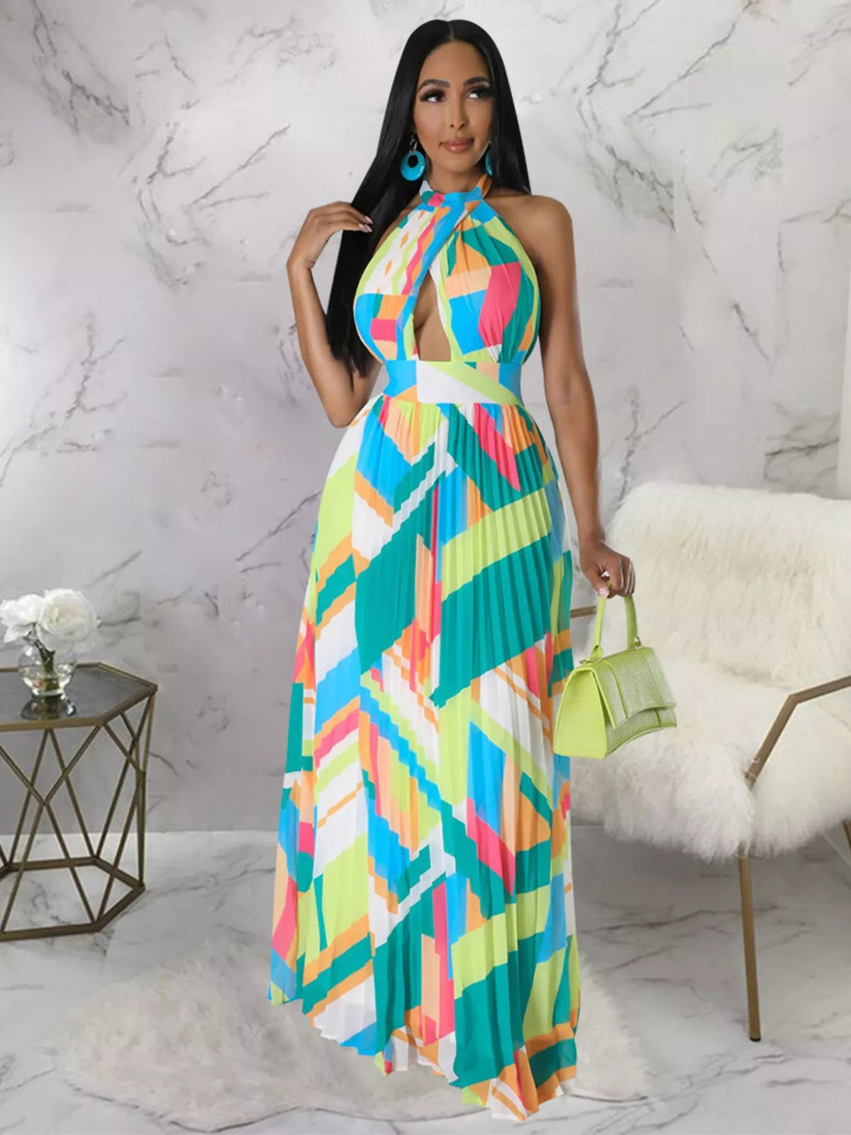 Halter Neck Geometric Print Pleated Maxi Dress - Flip Flop Dynasty