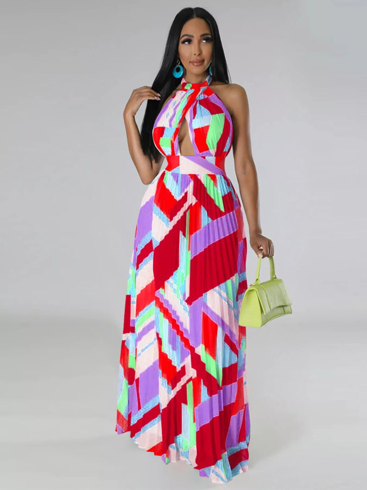 Halter Neck Geometric Print Pleated Maxi Dress - Flip Flop Dynasty