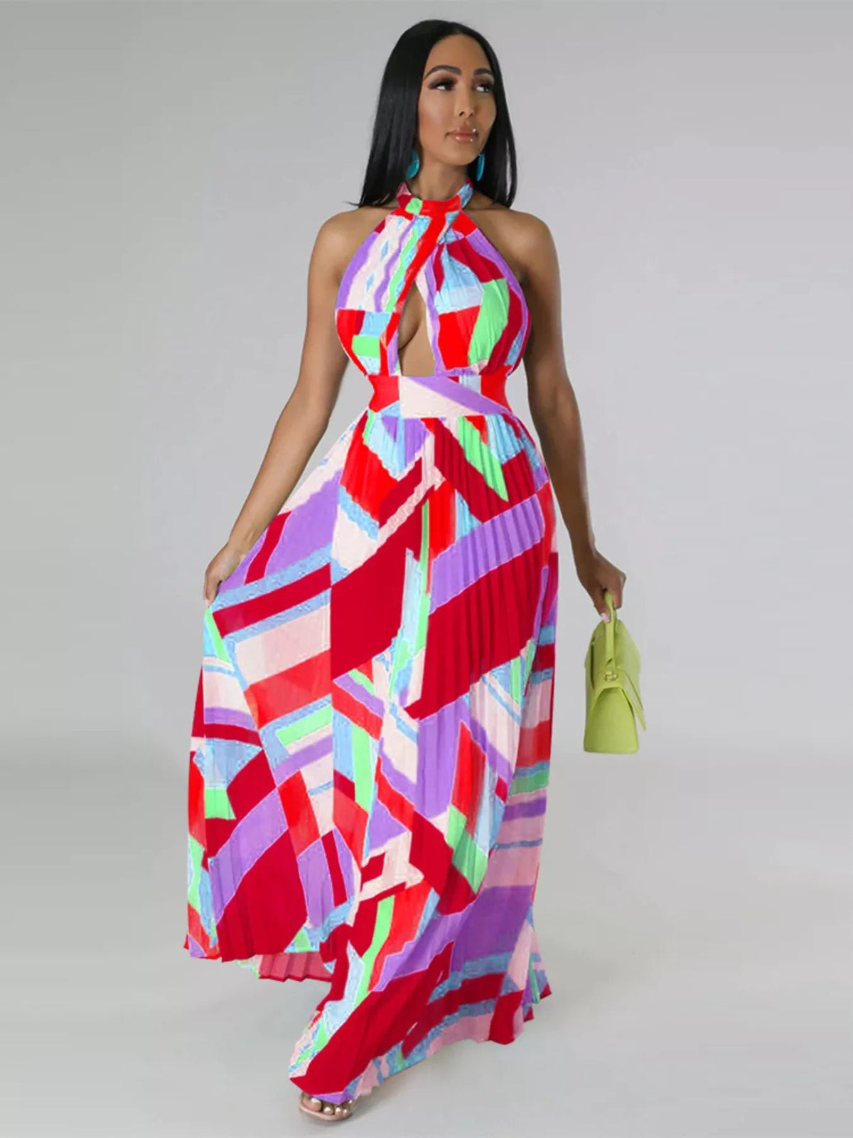 Halter Neck Geometric Print Pleated Maxi Dress - Flip Flop Dynasty