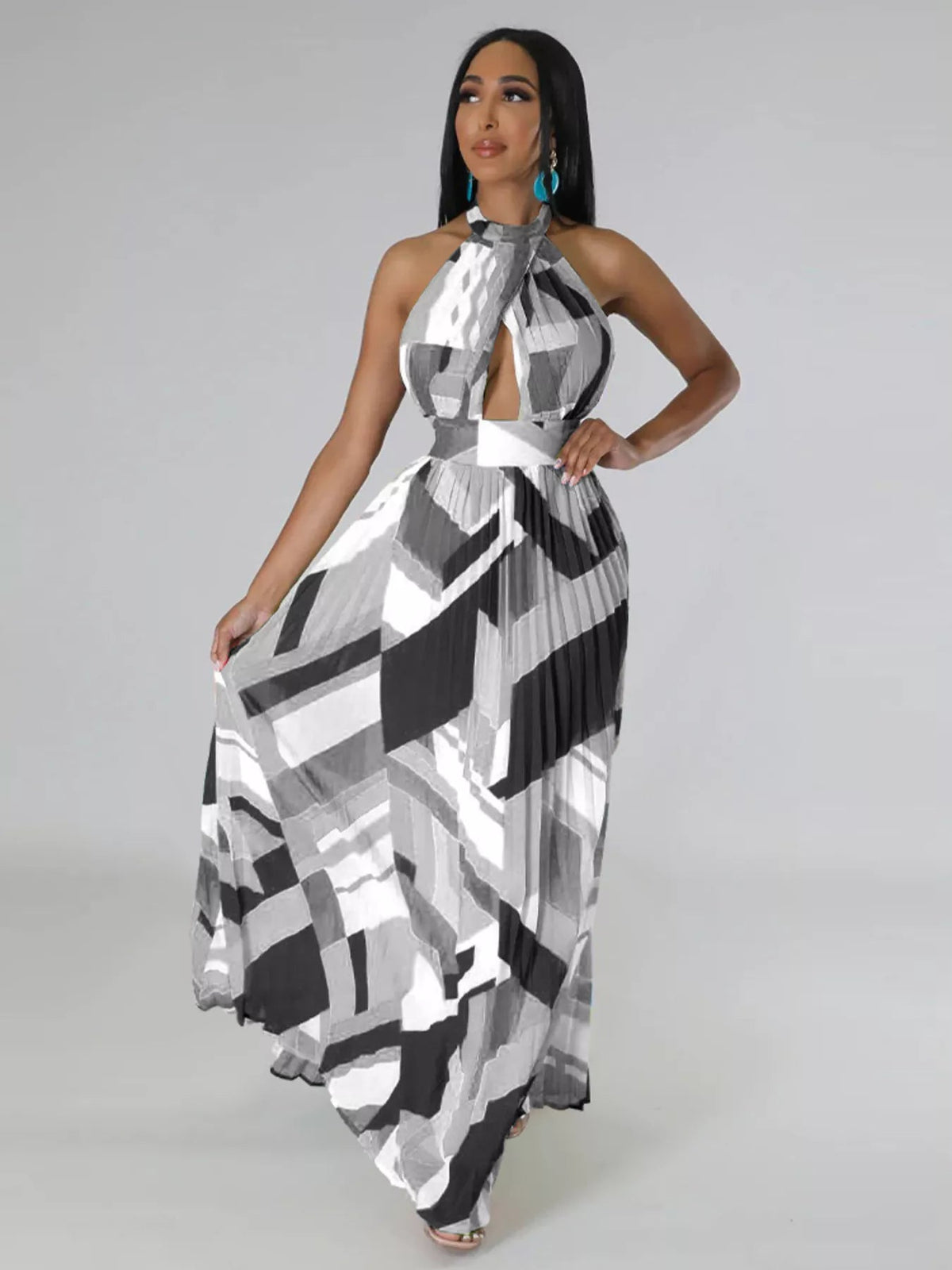 Halter Neck Geometric Print Pleated Maxi Dress - Flip Flop Dynasty