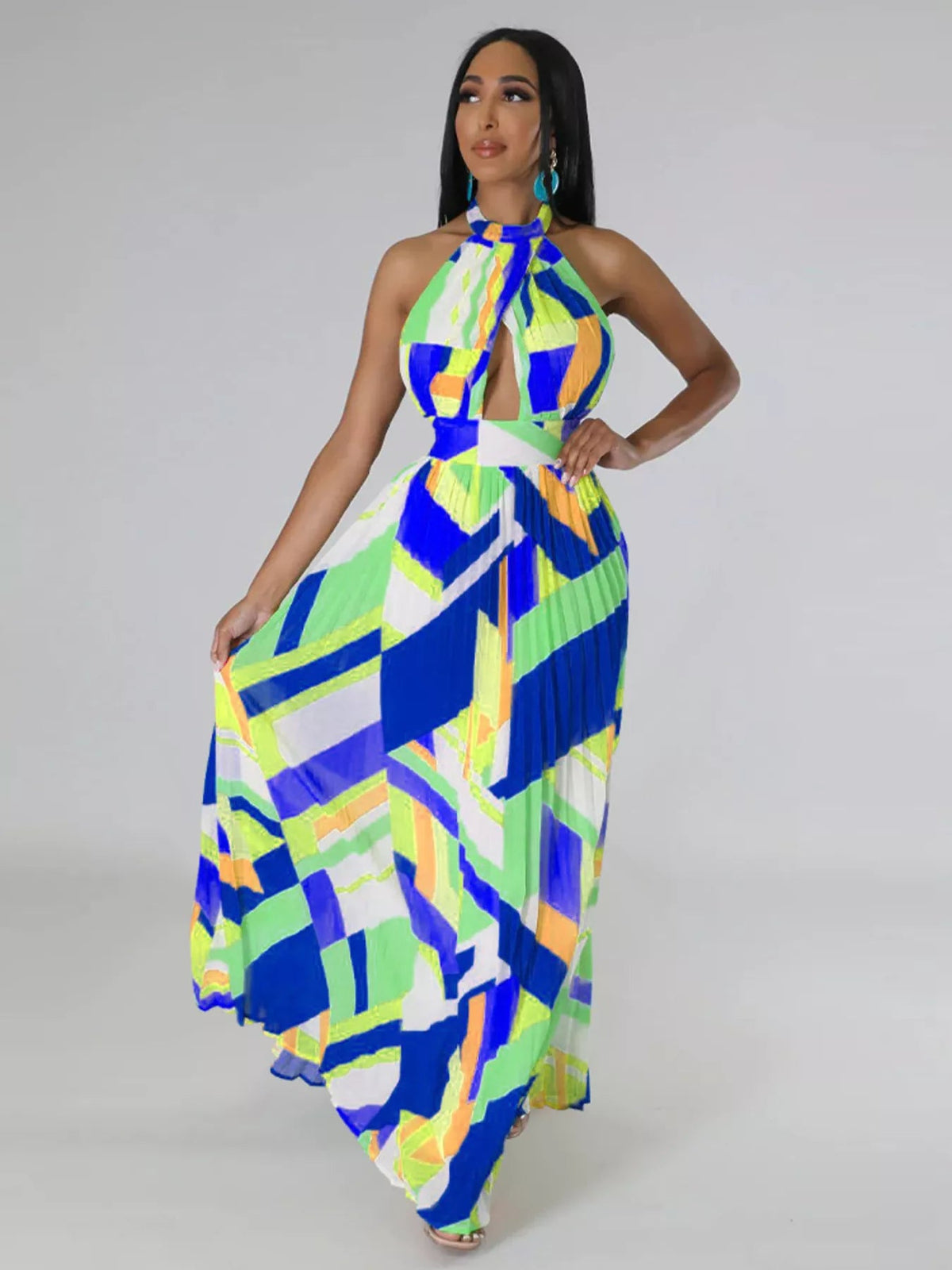 Halter Neck Geometric Print Pleated Maxi Dress - Flip Flop Dynasty