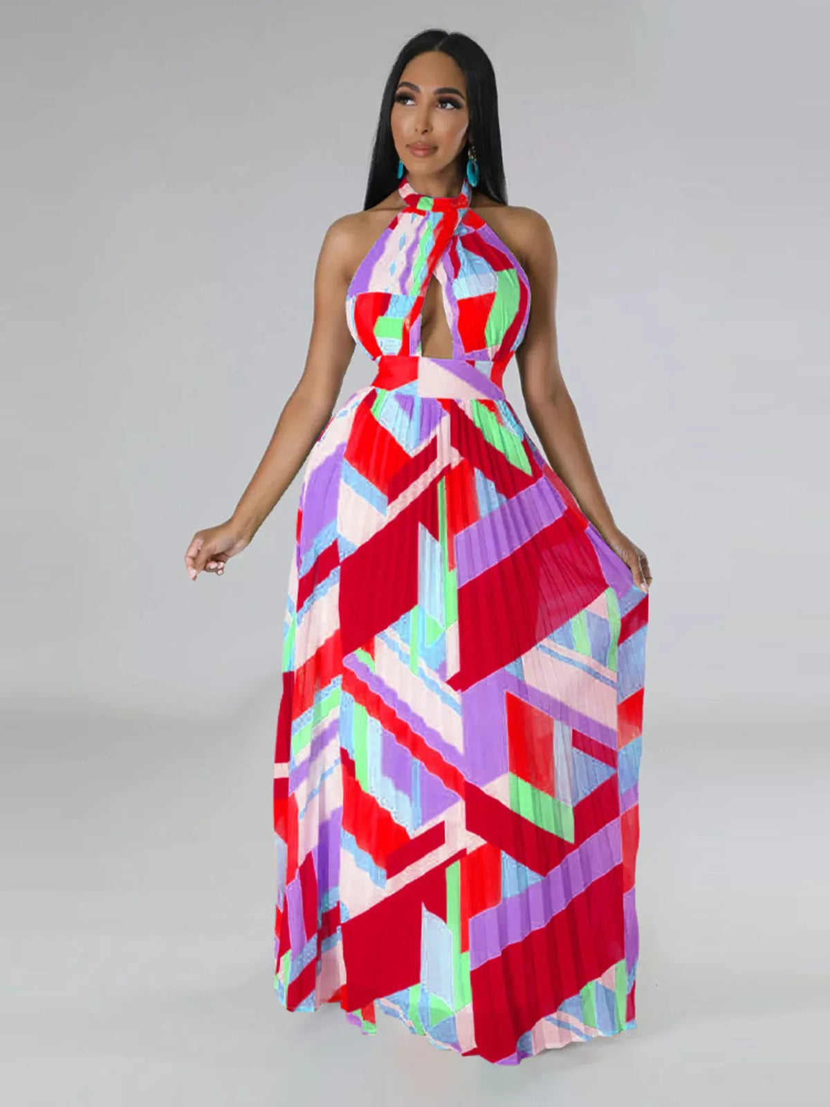 Halter Neck Geometric Print Pleated Maxi Dress - Flip Flop Dynasty