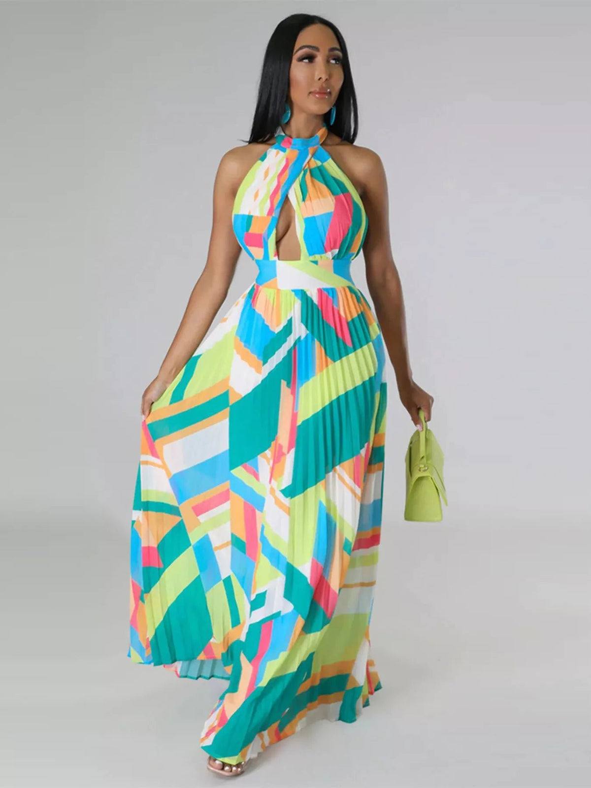 Halter Neck Geometric Print Pleated Maxi Dress - Flip Flop Dynasty