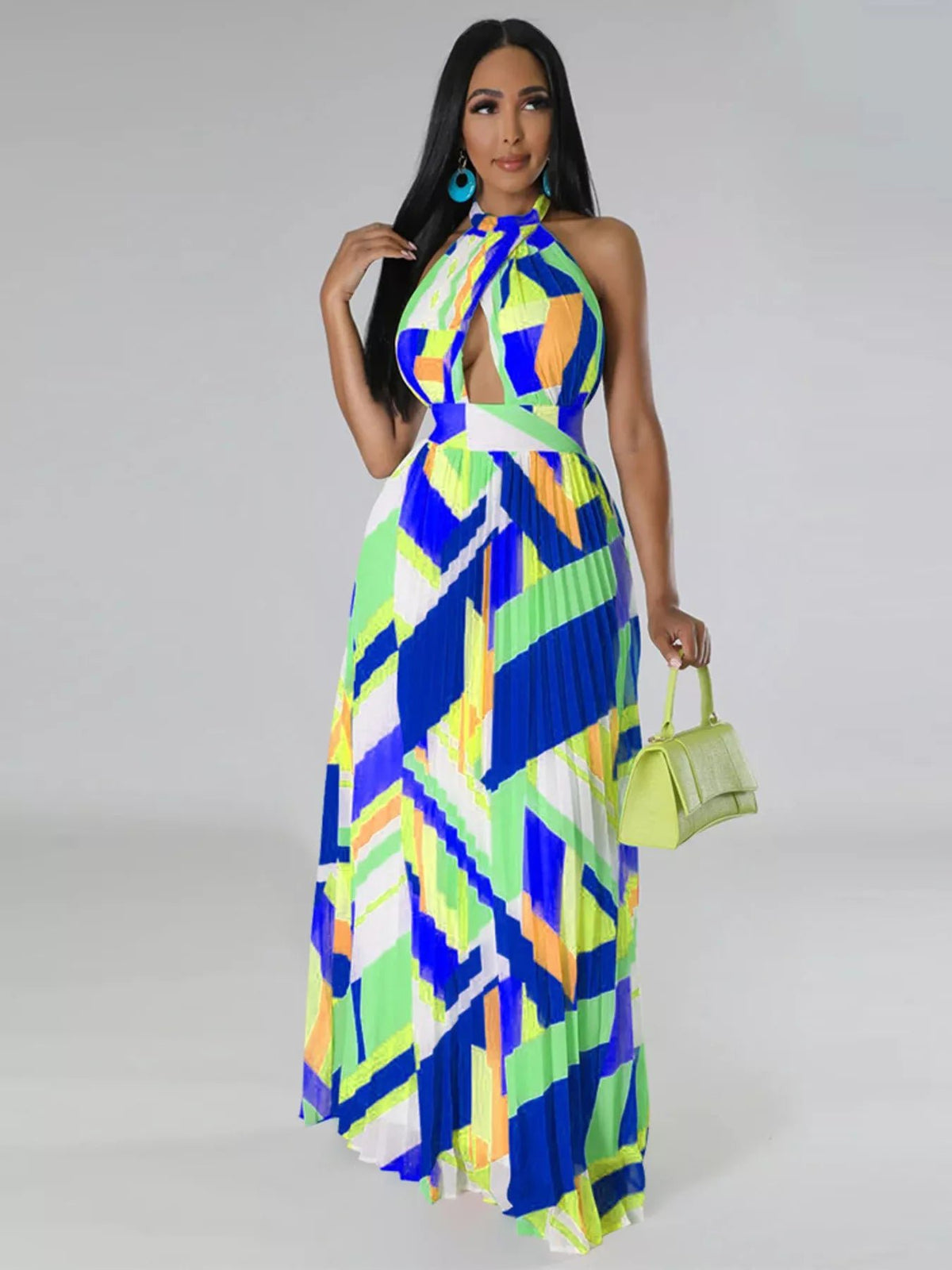 Halter Neck Geometric Print Pleated Maxi Dress - Flip Flop Dynasty