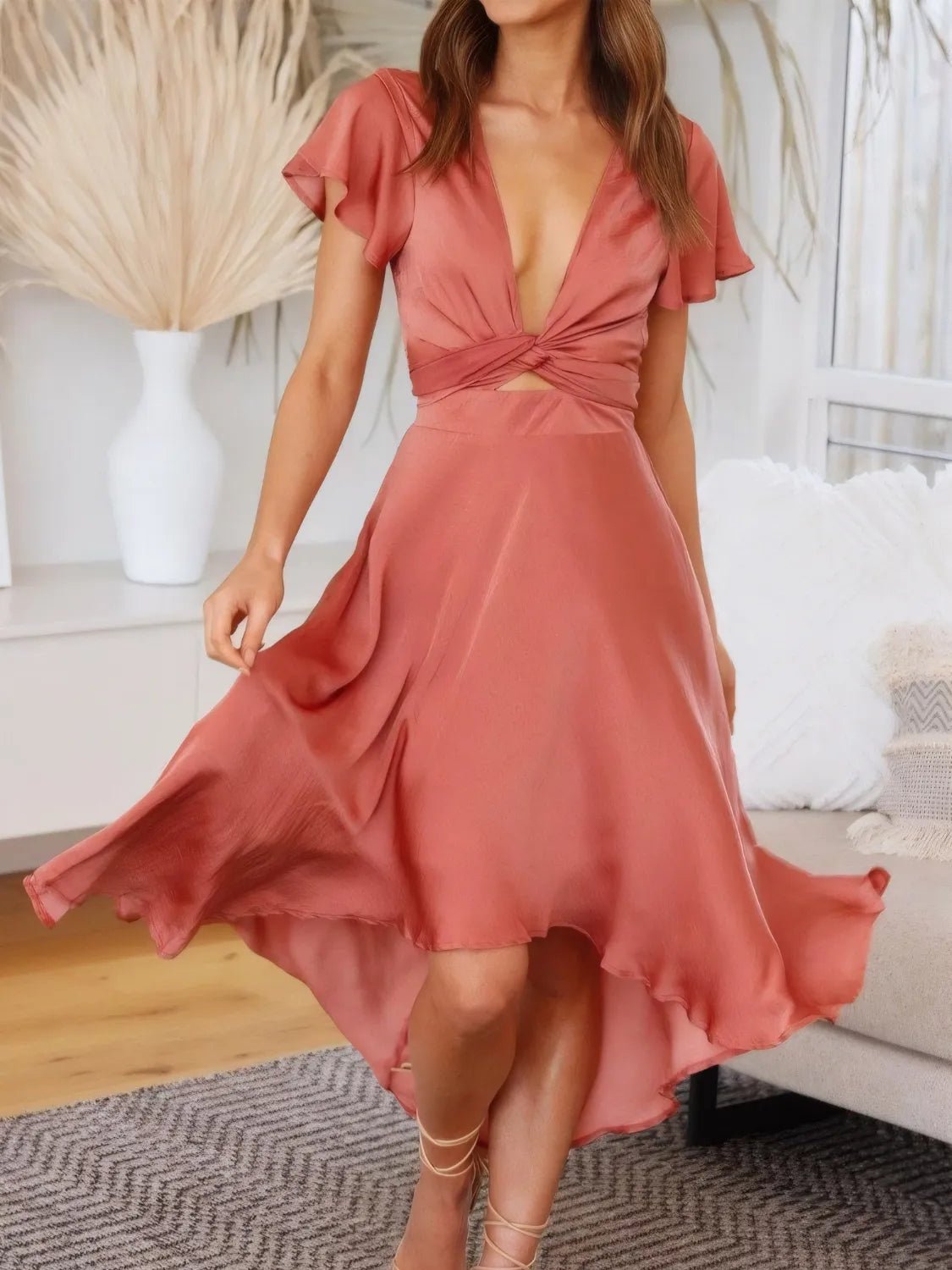 High - Low Plunge Flutter Sleeve Dress - Flip Flop Dynasty