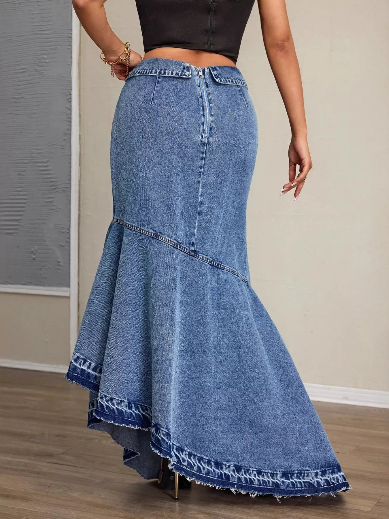 High - Waist Asymmetrical Slit Denim Maxi Mermaid Skirt - Flip Flop Dynasty