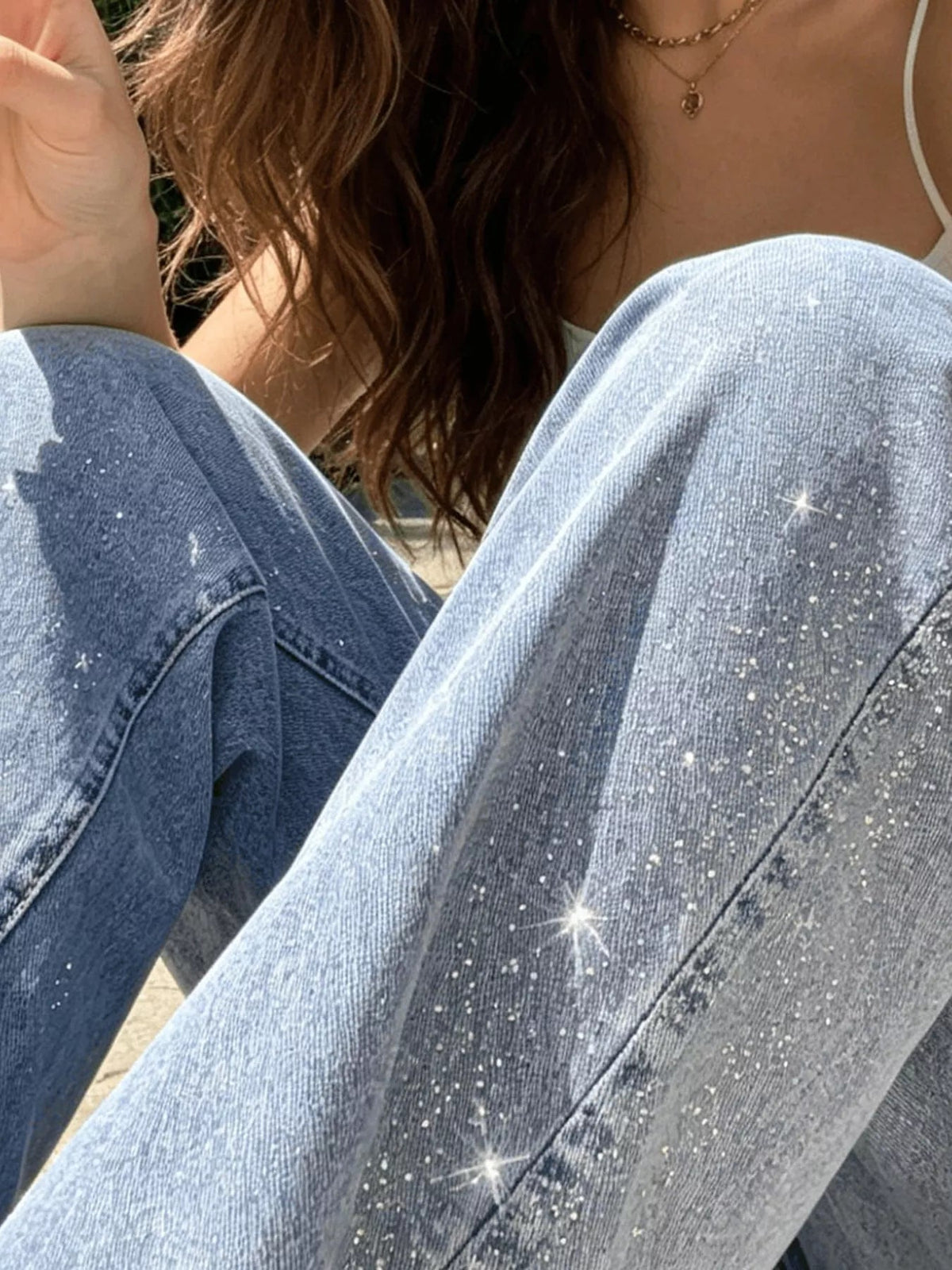 High-Waisted Acid Wash Sparkle Wide-Leg Jeans - Flip Flop Dynasty
