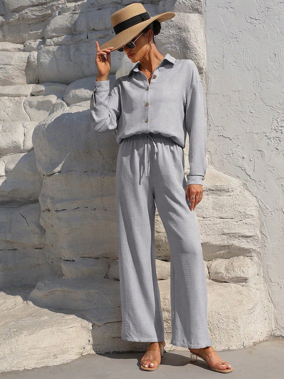 Honey Button Up Long Sleeve Top and Pants Set - Flip Flop Dynasty