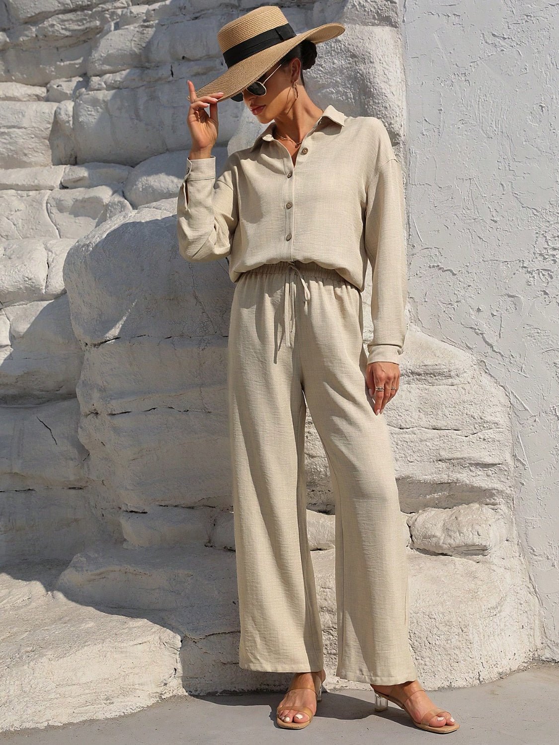 Honey Button Up Long Sleeve Top and Pants Set - Flip Flop Dynasty