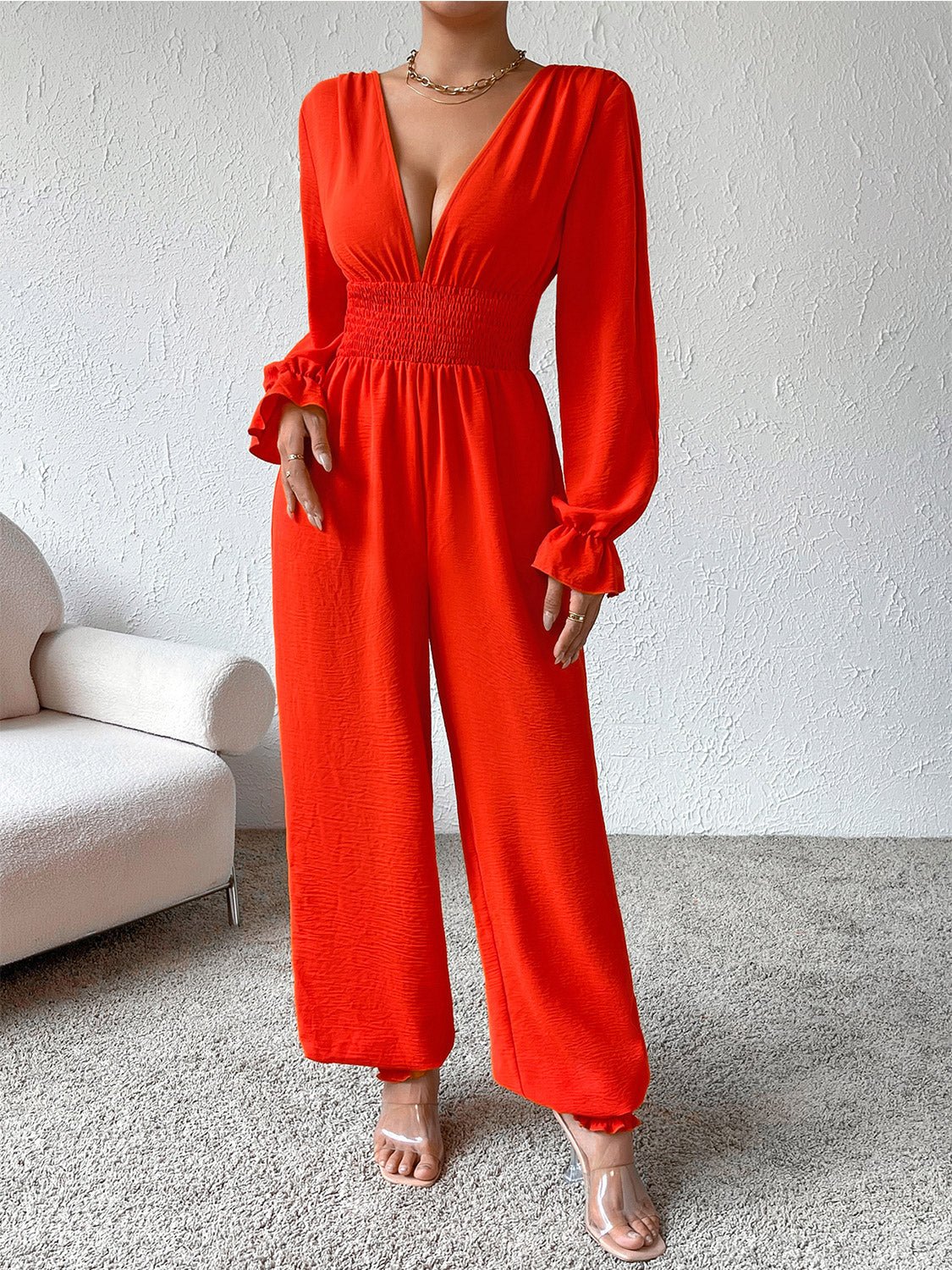 Honey Plunge Smocked Flounce Sleeve Jumpsuit - Flip Flop Dynasty