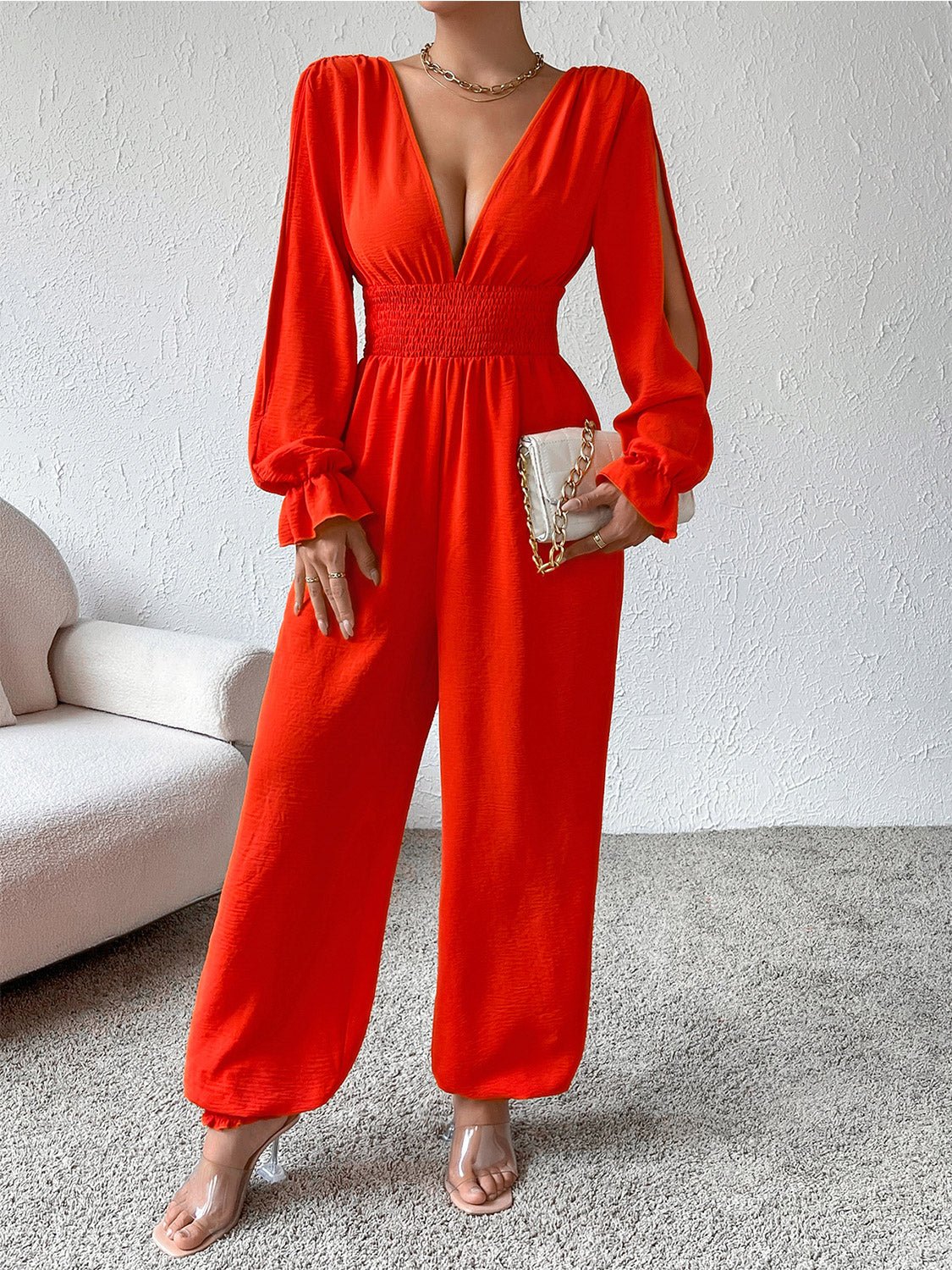 Honey Plunge Smocked Flounce Sleeve Jumpsuit - Flip Flop Dynasty