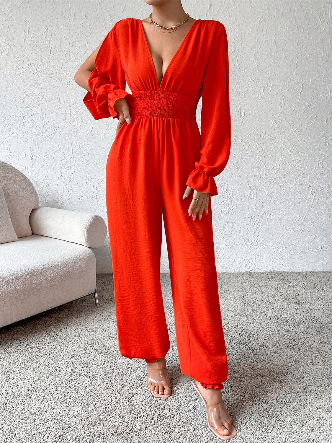 Honey Plunge Smocked Flounce Sleeve Jumpsuit - Flip Flop Dynasty