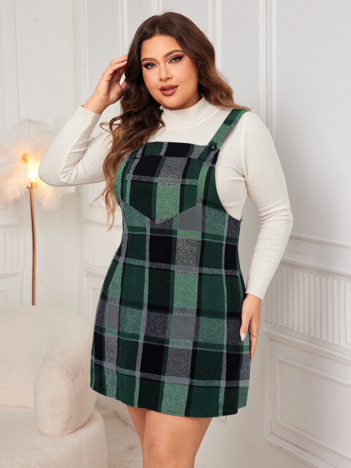 Honey Plus Size Plaid Wide Strap Overall Dress - Flip Flop Dynasty