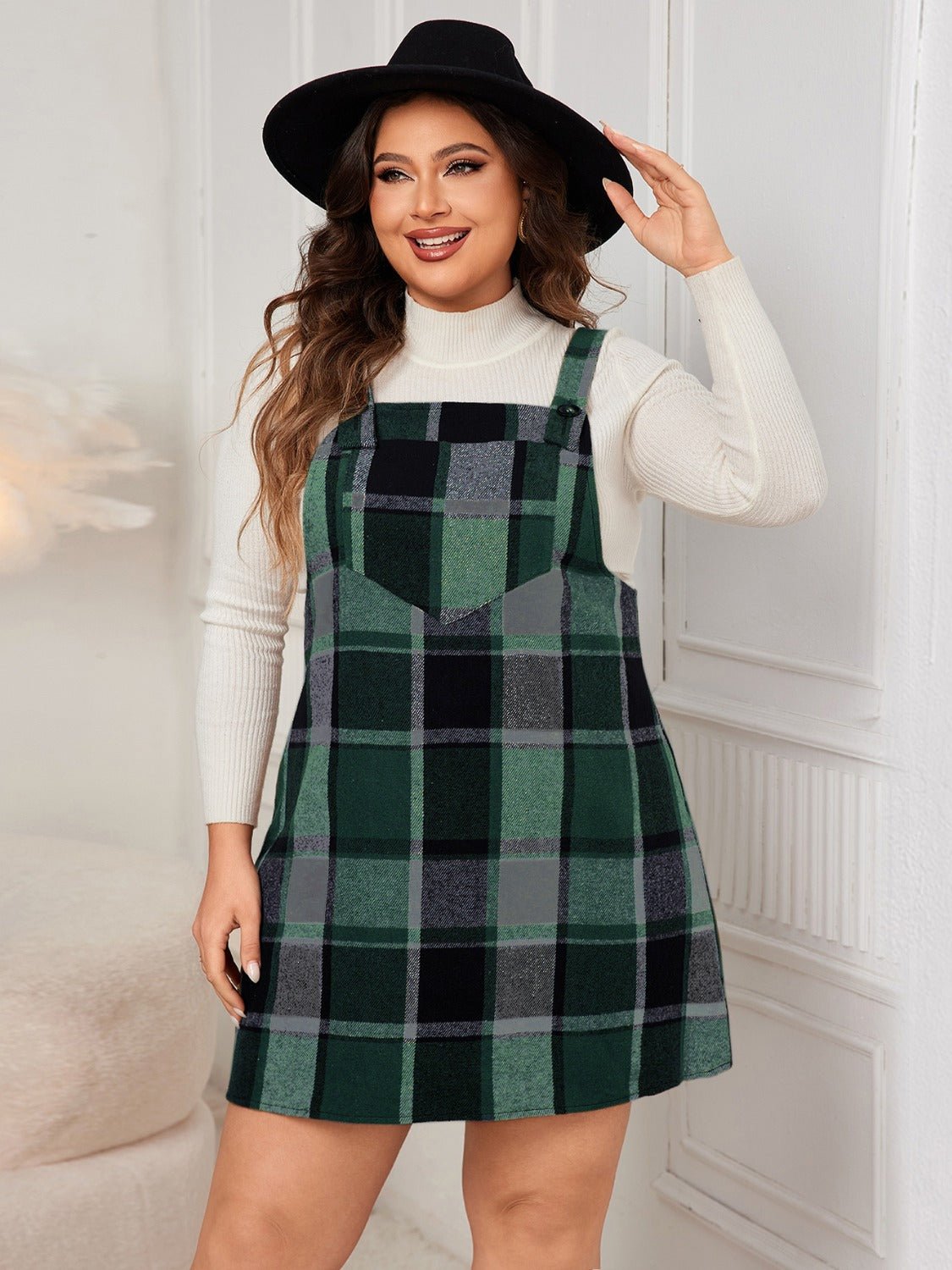 Honey Plus Size Plaid Wide Strap Overall Dress - Flip Flop Dynasty