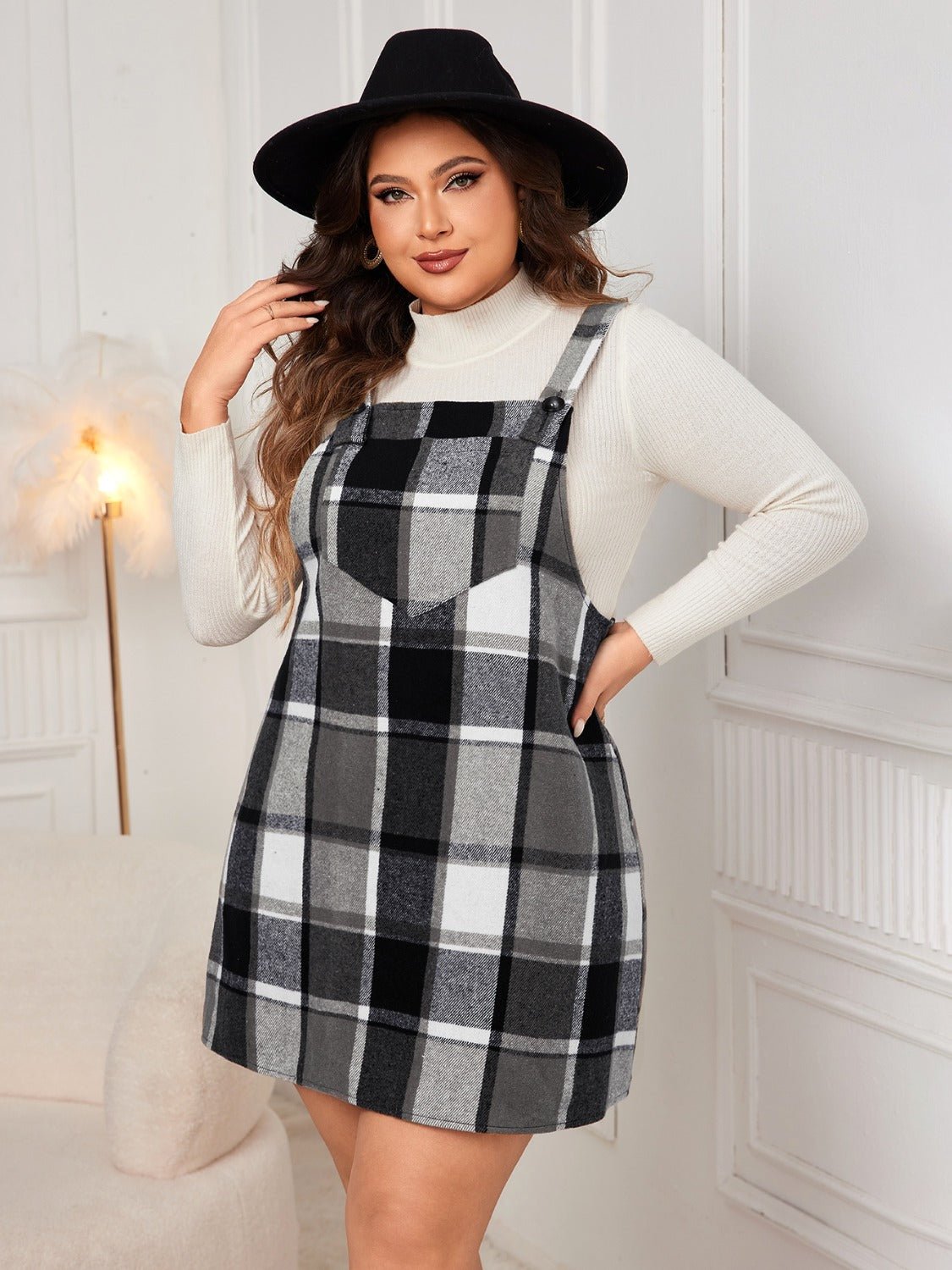 Honey Plus Size Plaid Wide Strap Overall Dress - Flip Flop Dynasty