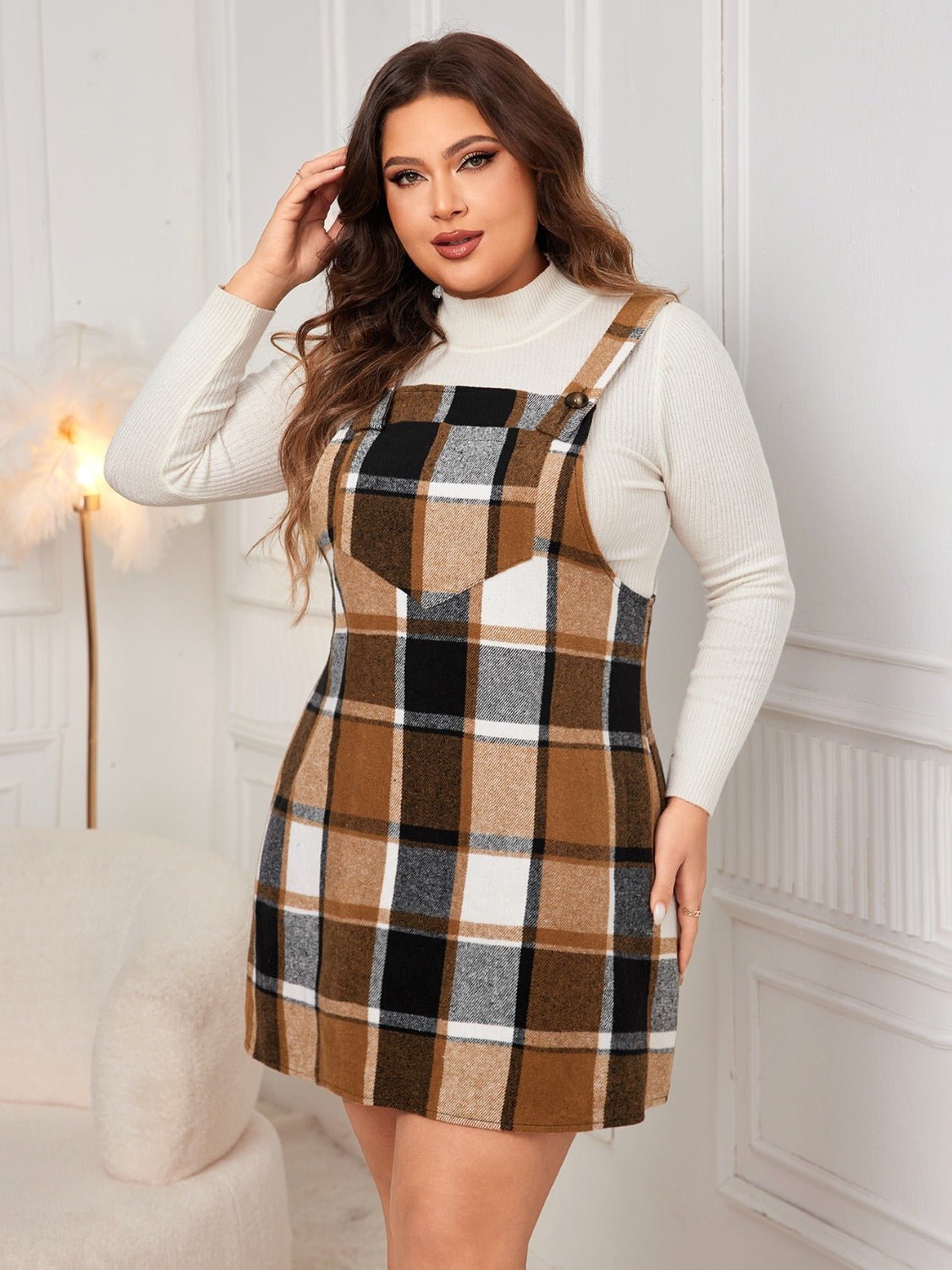 Honey Plus Size Plaid Wide Strap Overall Dress - Flip Flop Dynasty