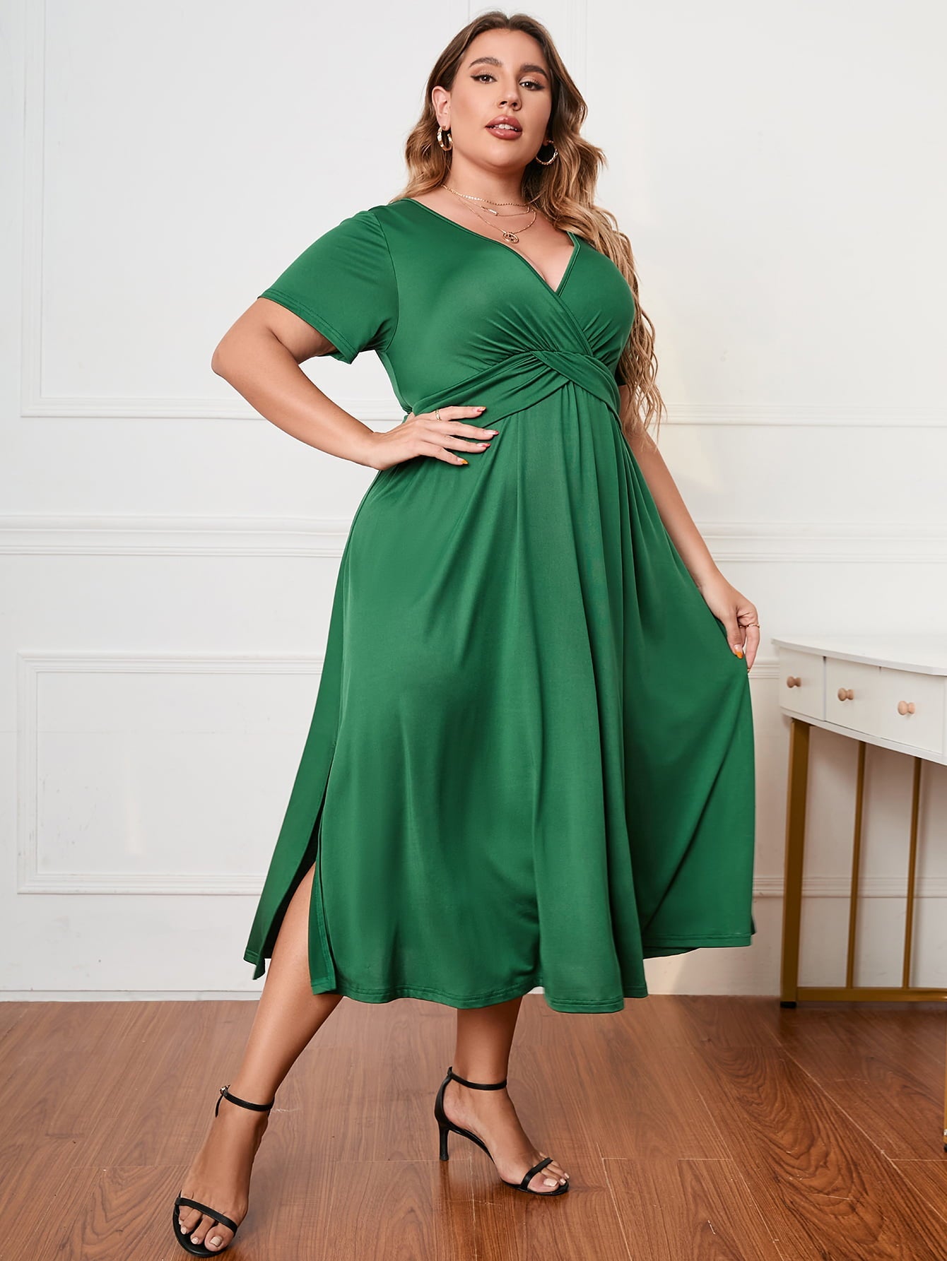 Honey Plus Size Short Sleeve Surplice Neck Midi Dress - Flip Flop Dynasty