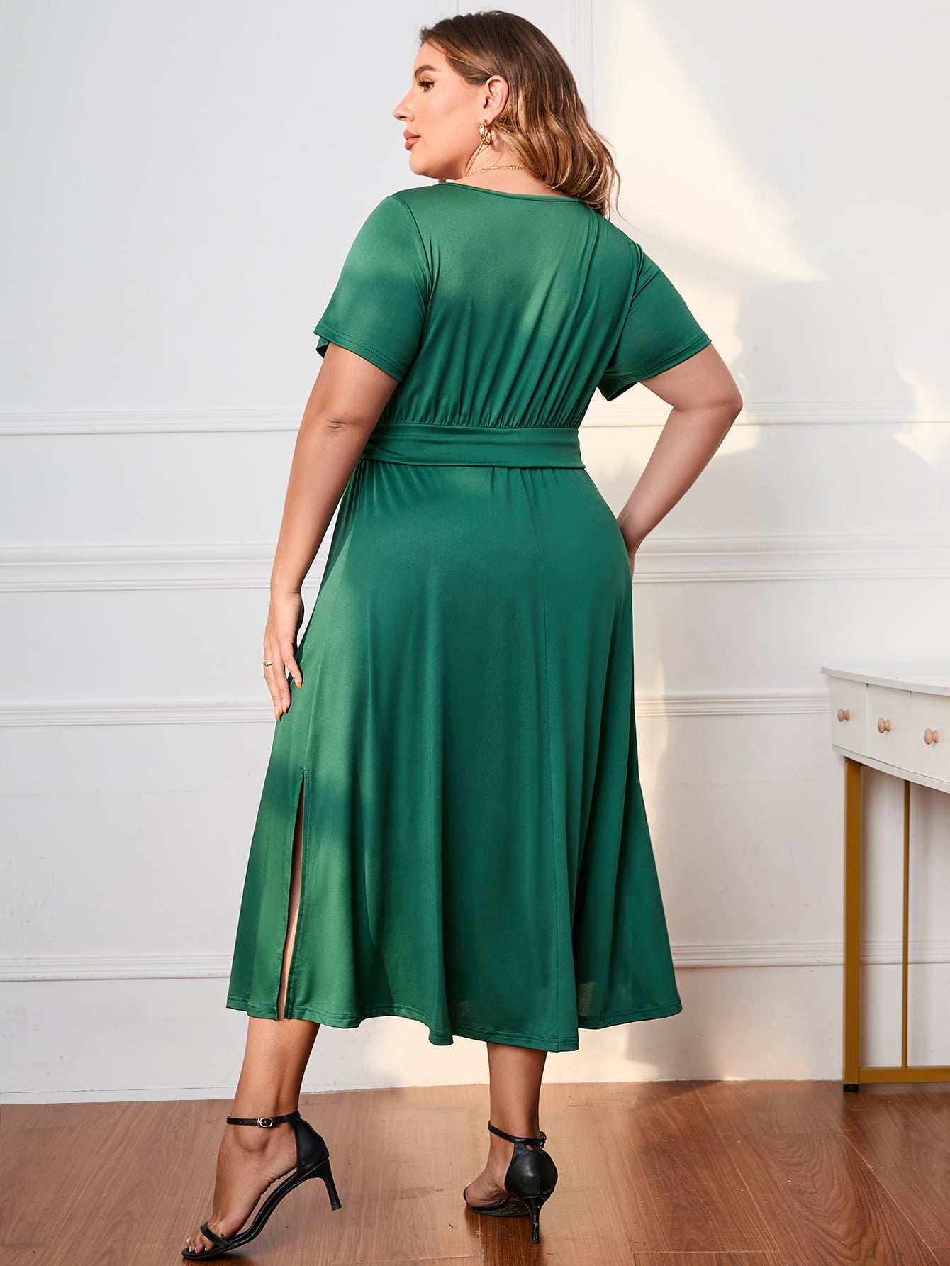 Honey Plus Size Short Sleeve Surplice Neck Midi Dress - Flip Flop Dynasty