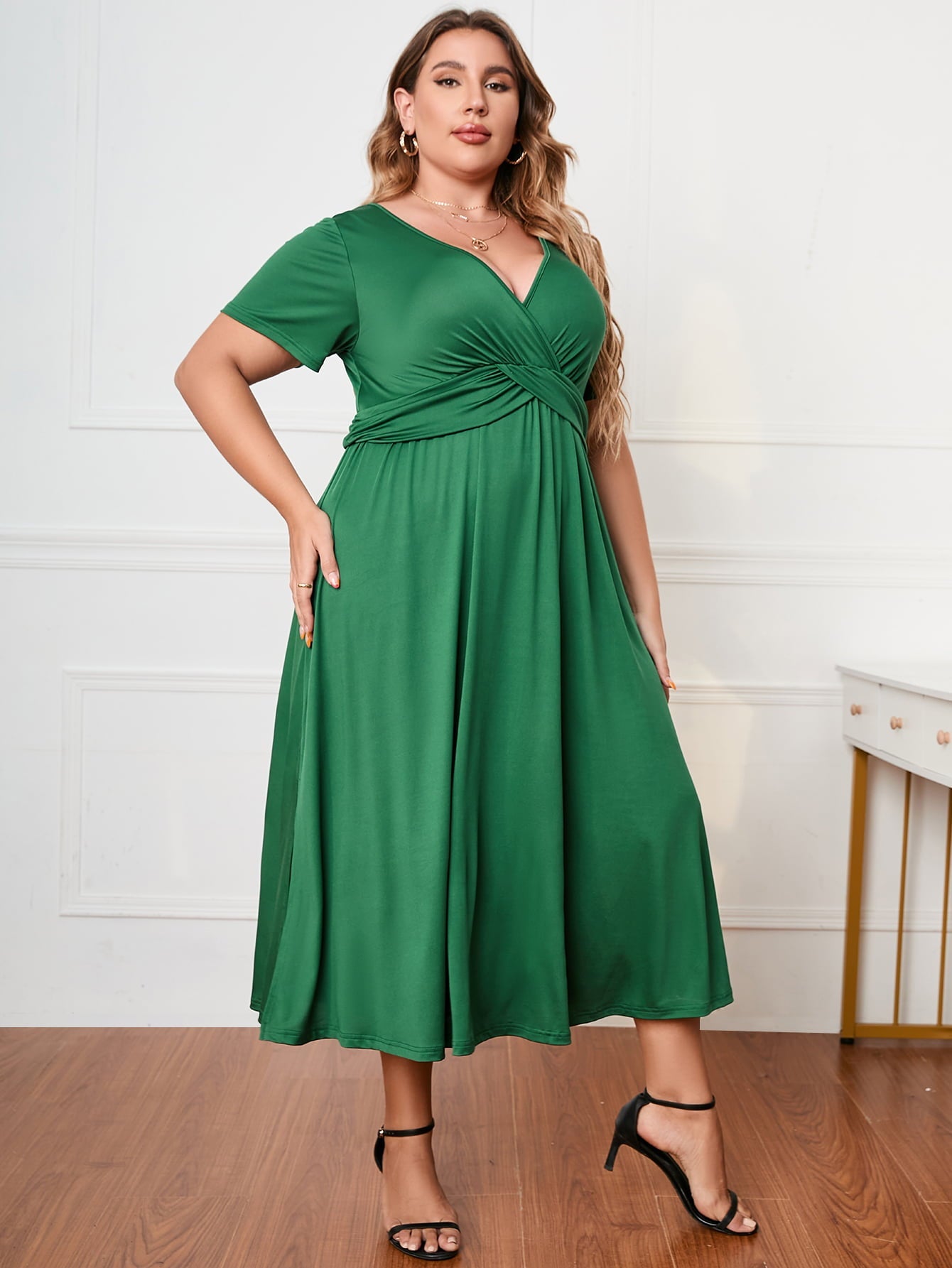 Honey Plus Size Short Sleeve Surplice Neck Midi Dress - Flip Flop Dynasty