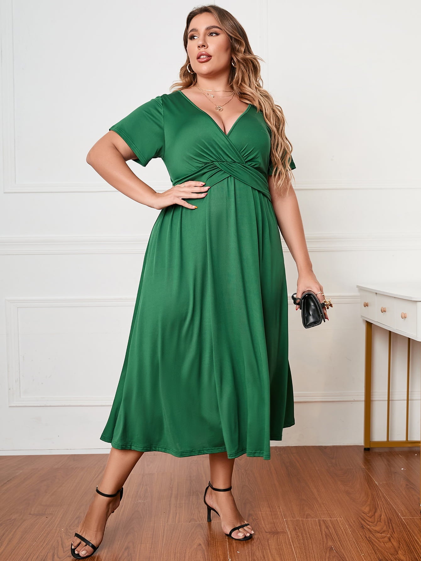 Honey Plus Size Short Sleeve Surplice Neck Midi Dress - Flip Flop Dynasty