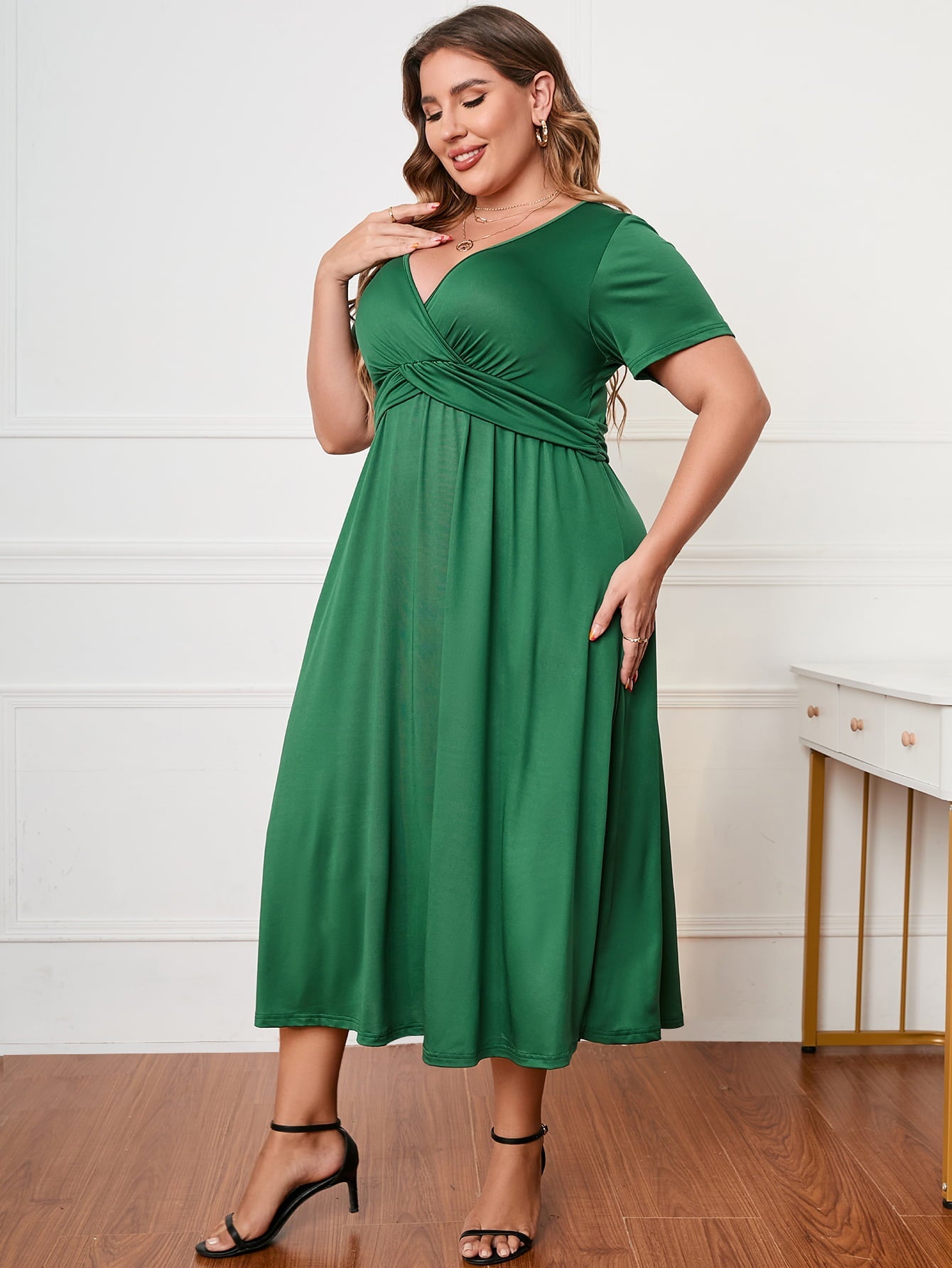 Honey Plus Size Short Sleeve Surplice Neck Midi Dress - Flip Flop Dynasty