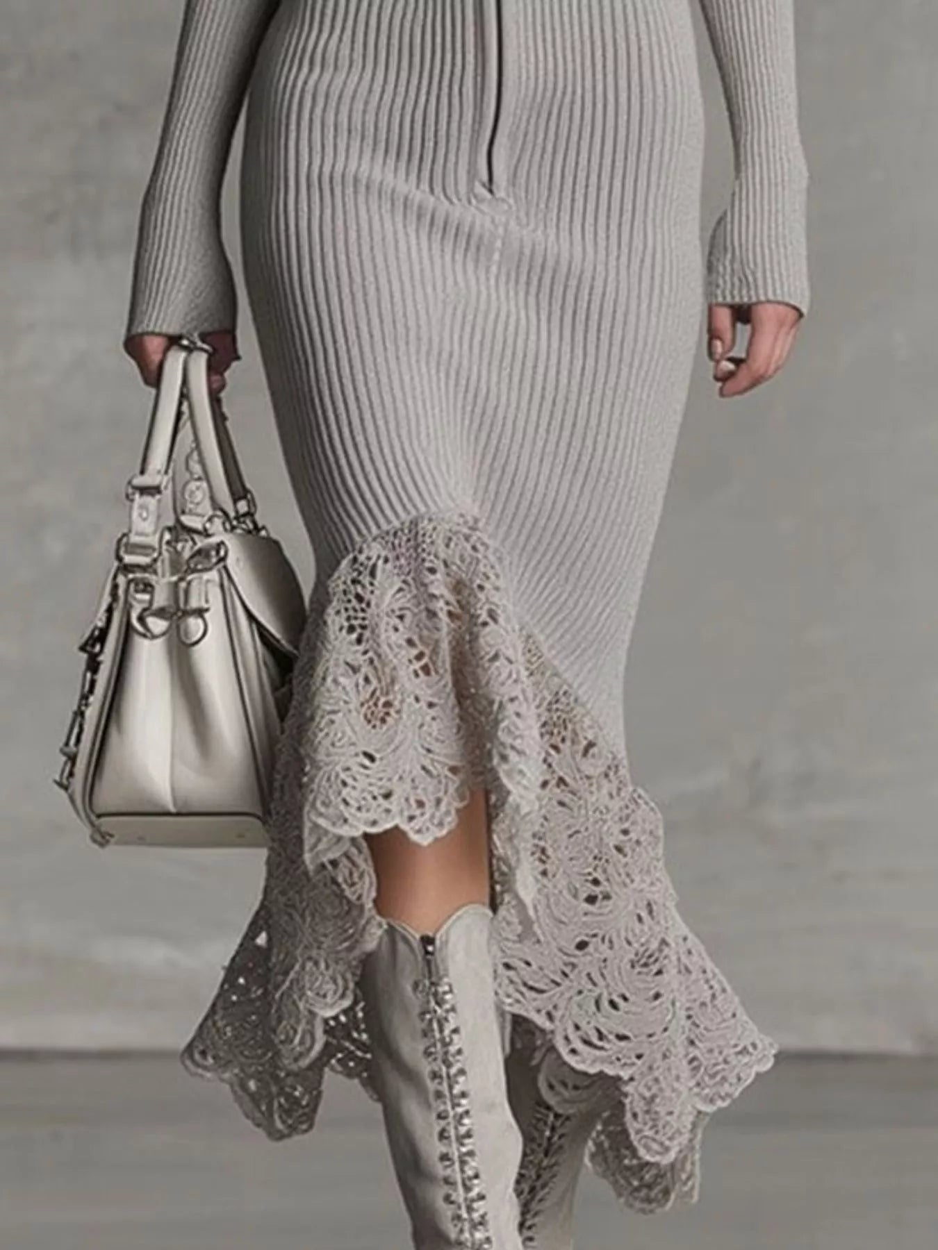 Hooded Ribbed Knit Lace Hem Midi Dress - Flip Flop Dynasty