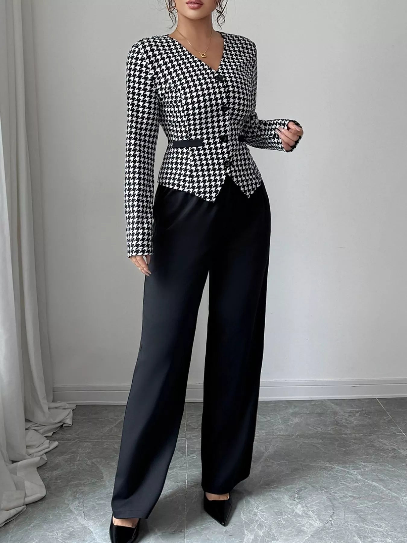 Houndstooth Blazer & Wide Leg Pants Set - Flip Flop Dynasty