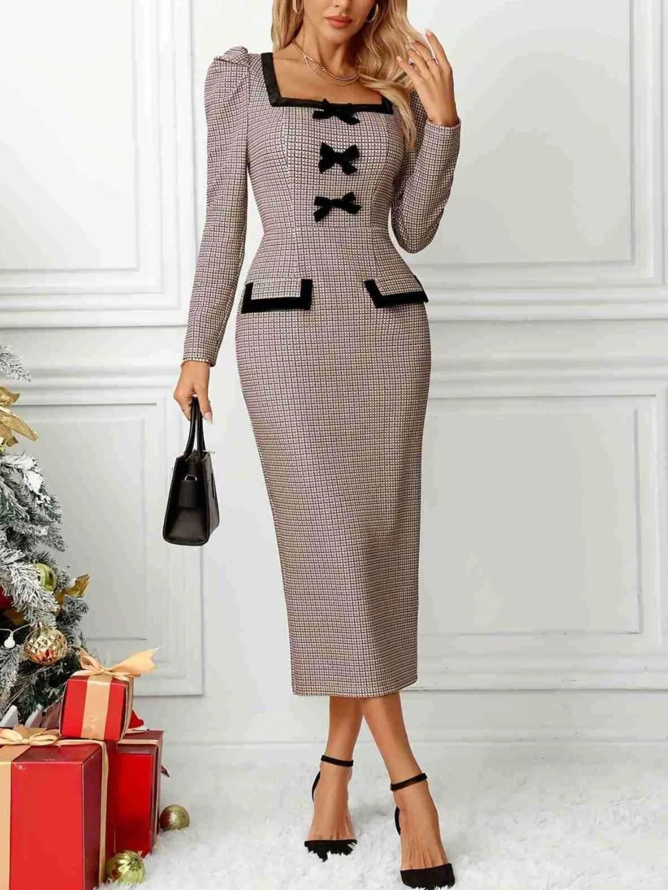 Houndstooth Bow Square Neck Dress - Flip Flop Dynasty