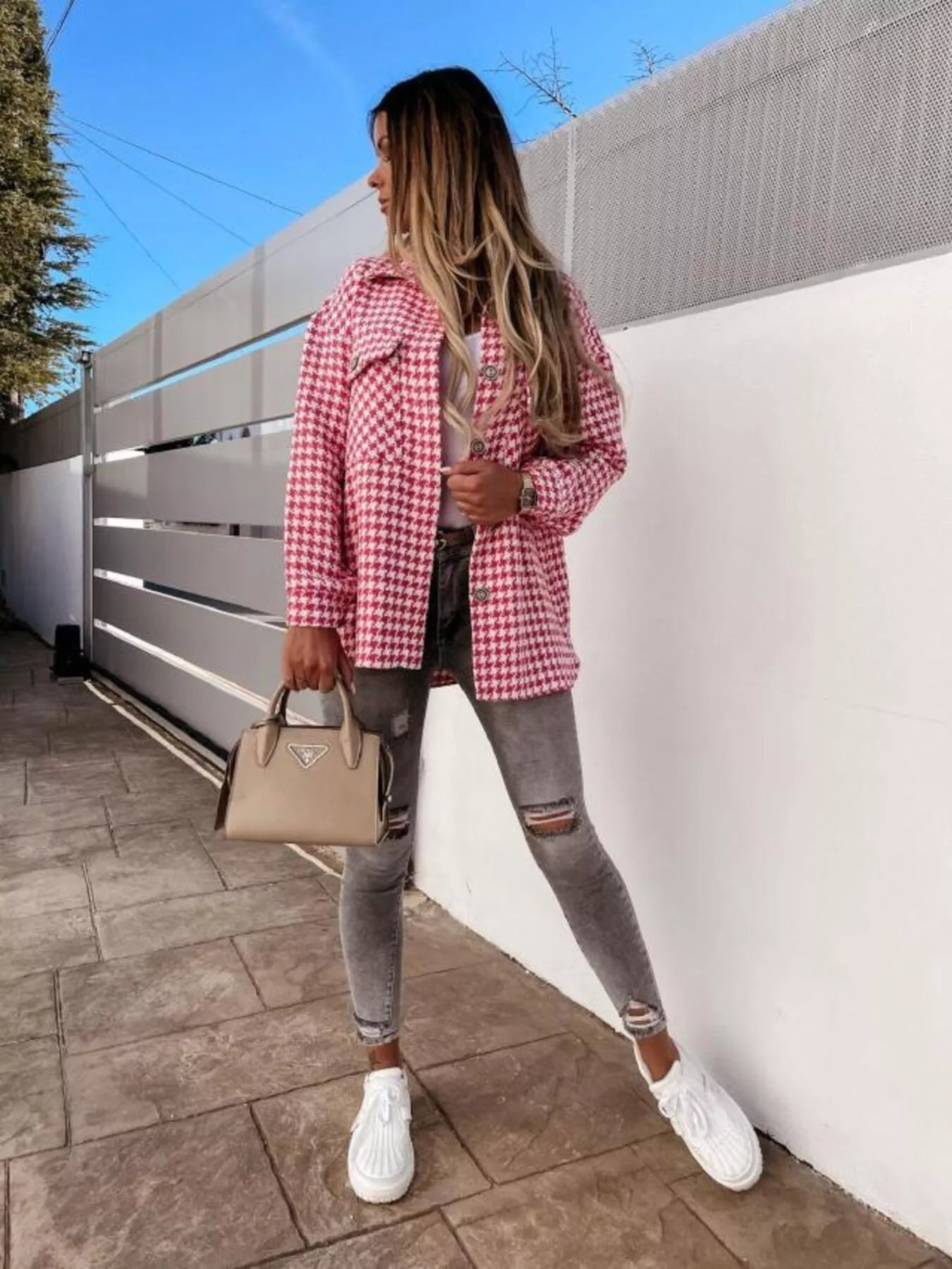 Houndstooth Button - Down Jacket - Flip Flop Dynasty