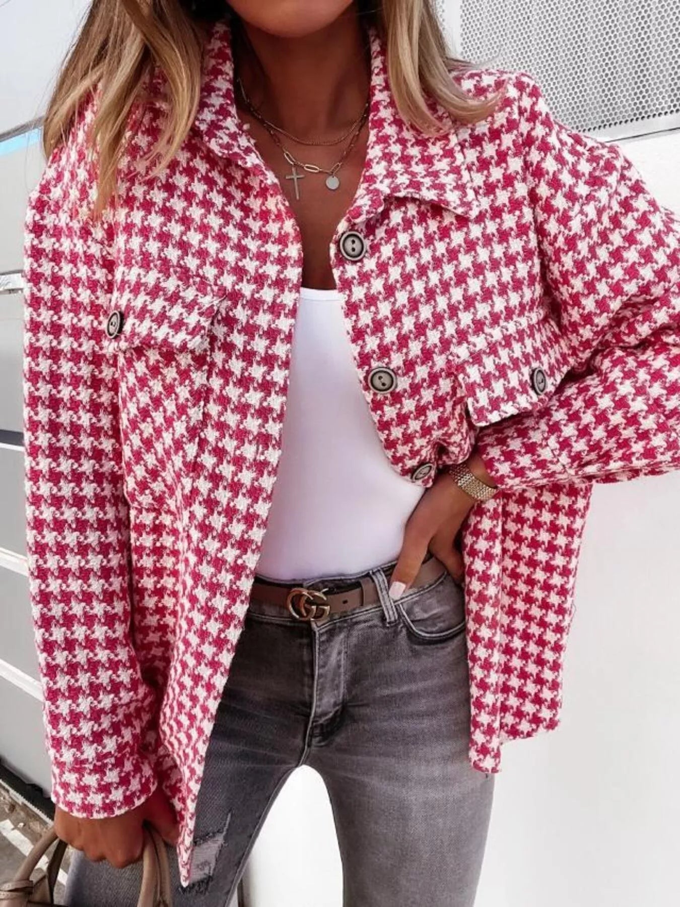 Houndstooth Button - Down Jacket - Flip Flop Dynasty