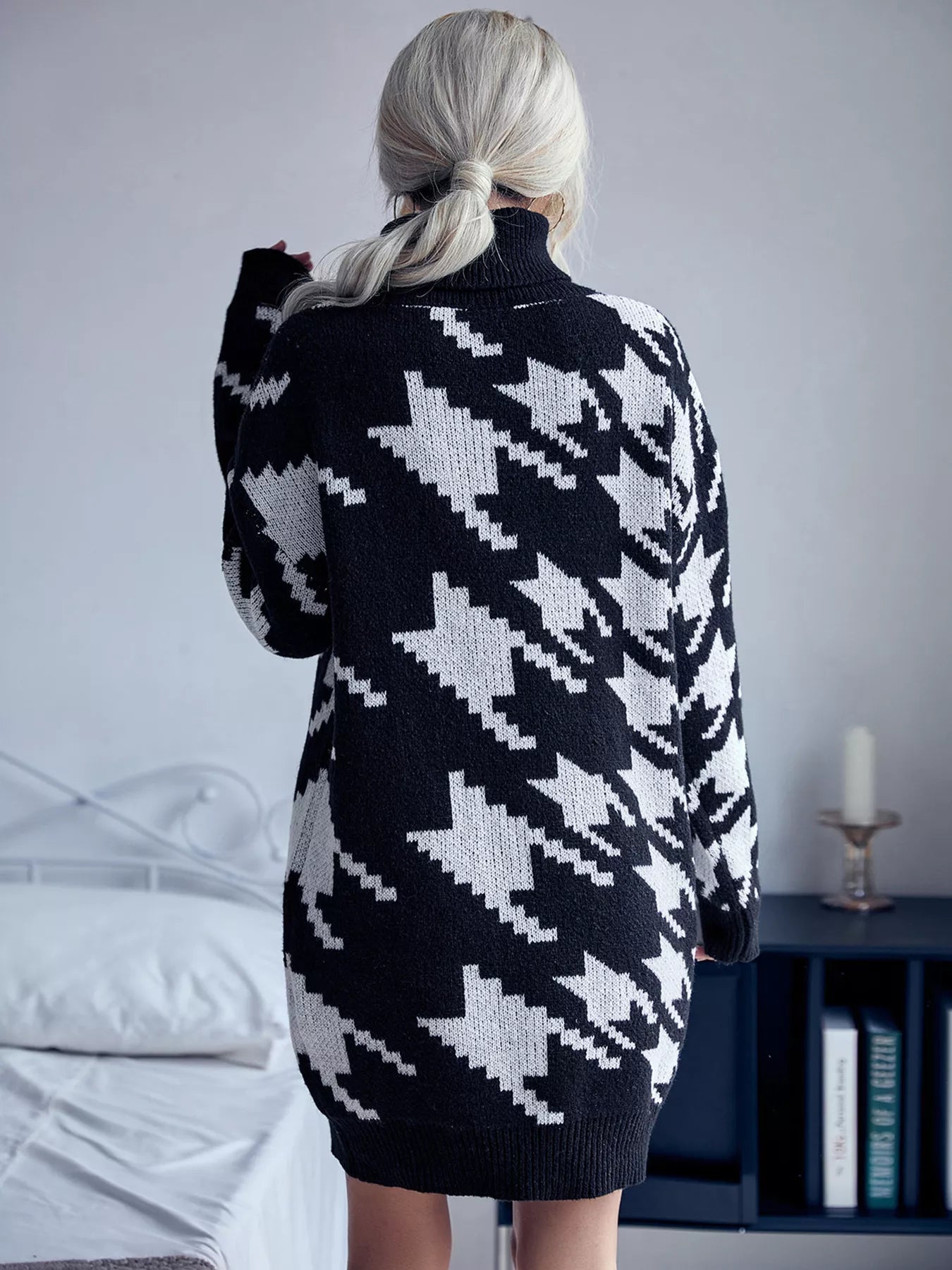 Houndstooth Pattern Turtleneck Sweater Dress - Flip Flop Dynasty