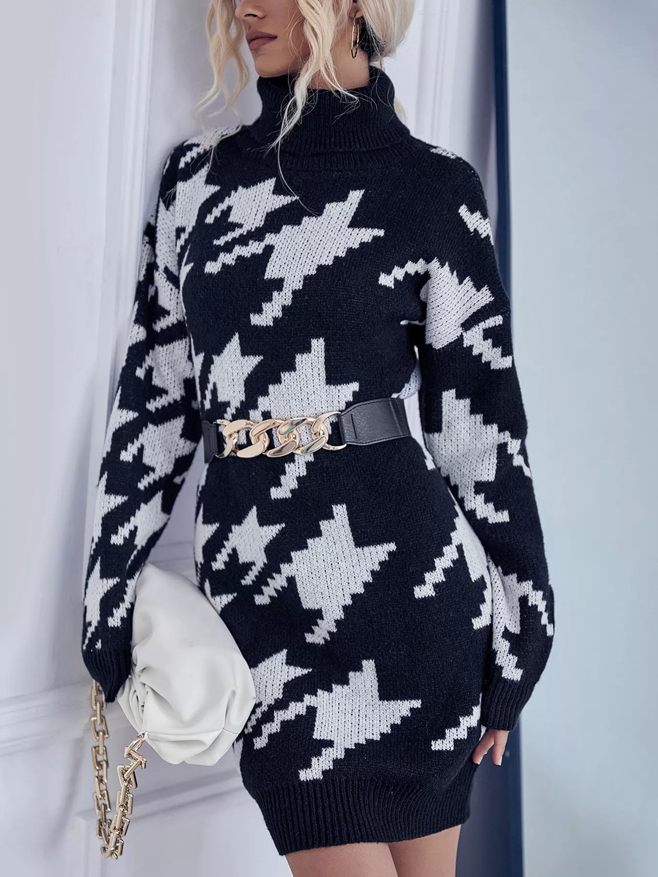 Houndstooth Pattern Turtleneck Sweater Dress - Flip Flop Dynasty